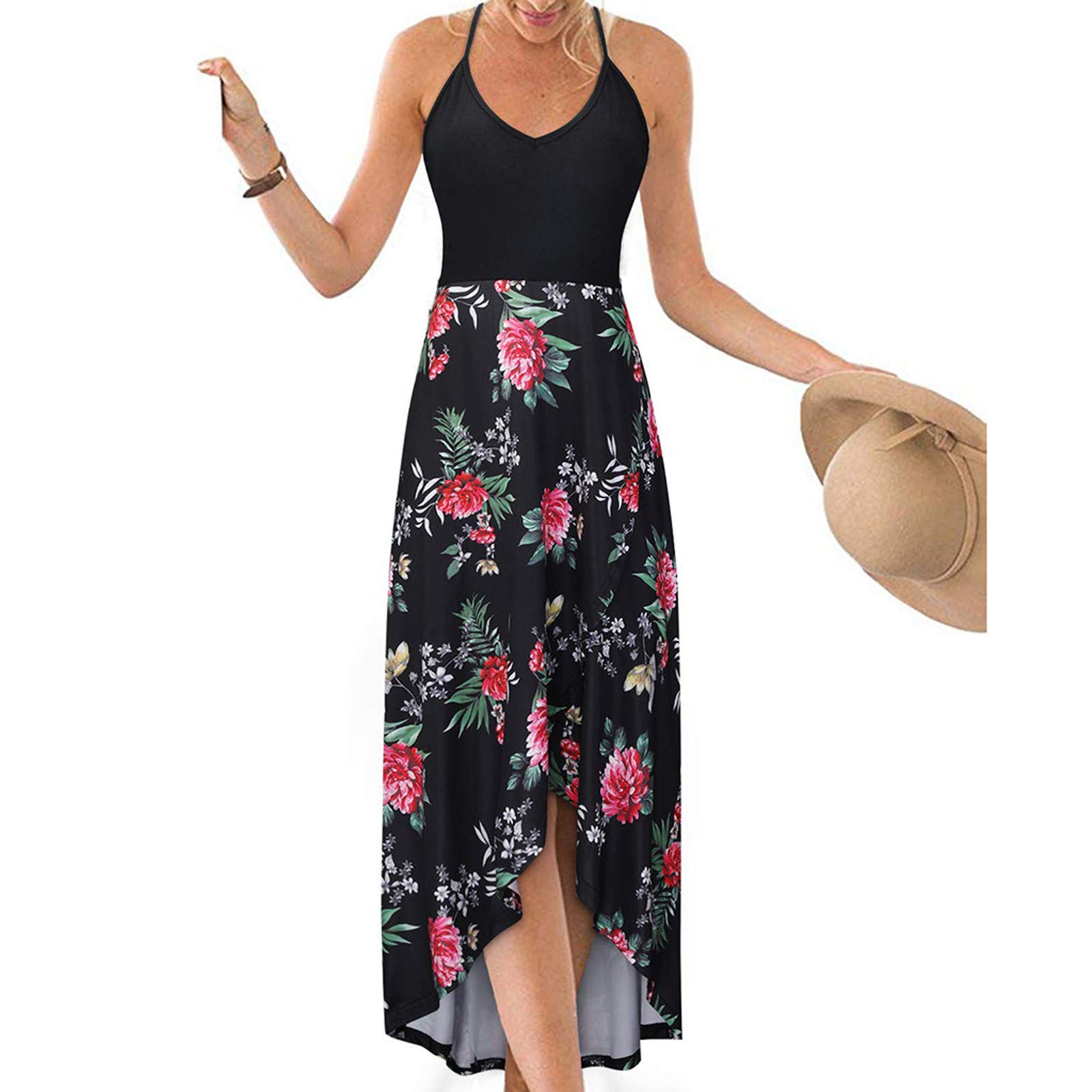 ONHUON Women's Casual Summer Dresses - Solid Color V-Neck Sleeveless Loose Beach Party Long Dress for Outdoor, Vacation & Daily Wear