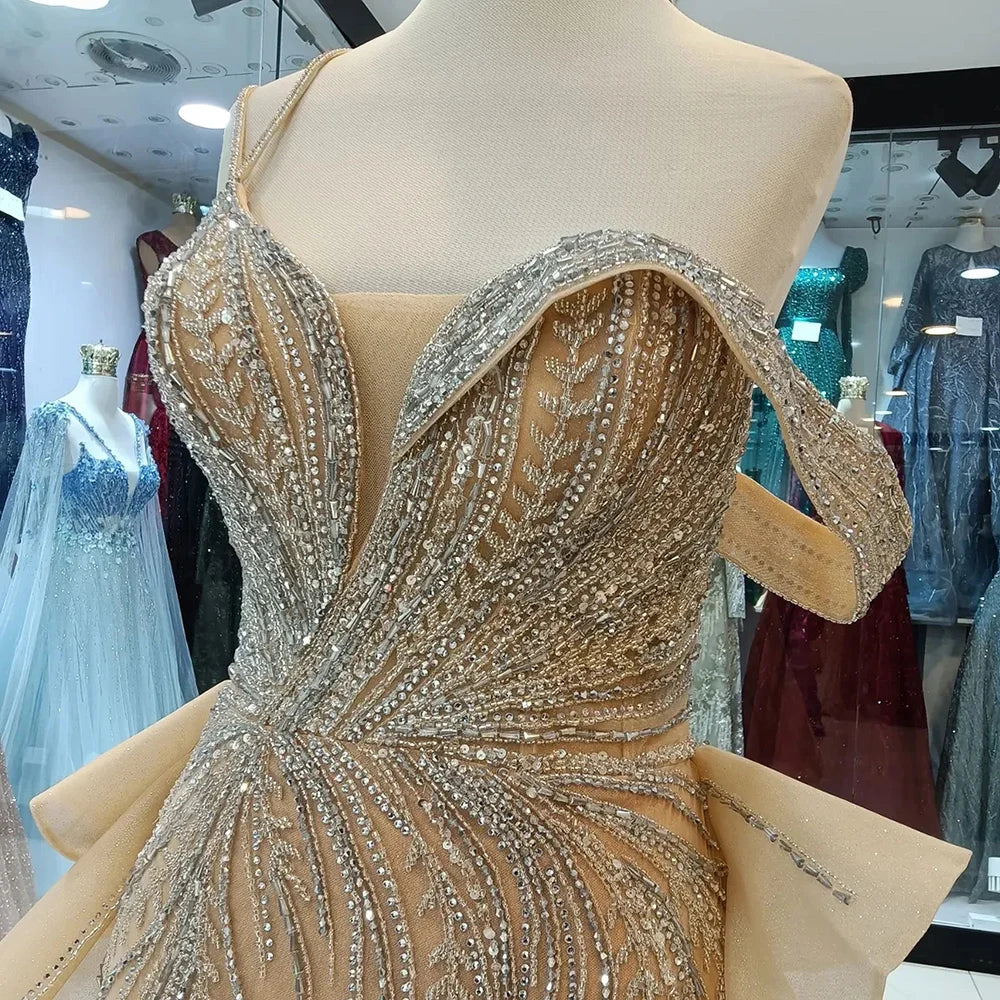 Luxury Dubai Caramel Beaded Mermaid Evening Gown with Overskirt & Elegant Split - Formal Dresses for Women - Perfect for Weddings, Galas & Red Carpet Events
