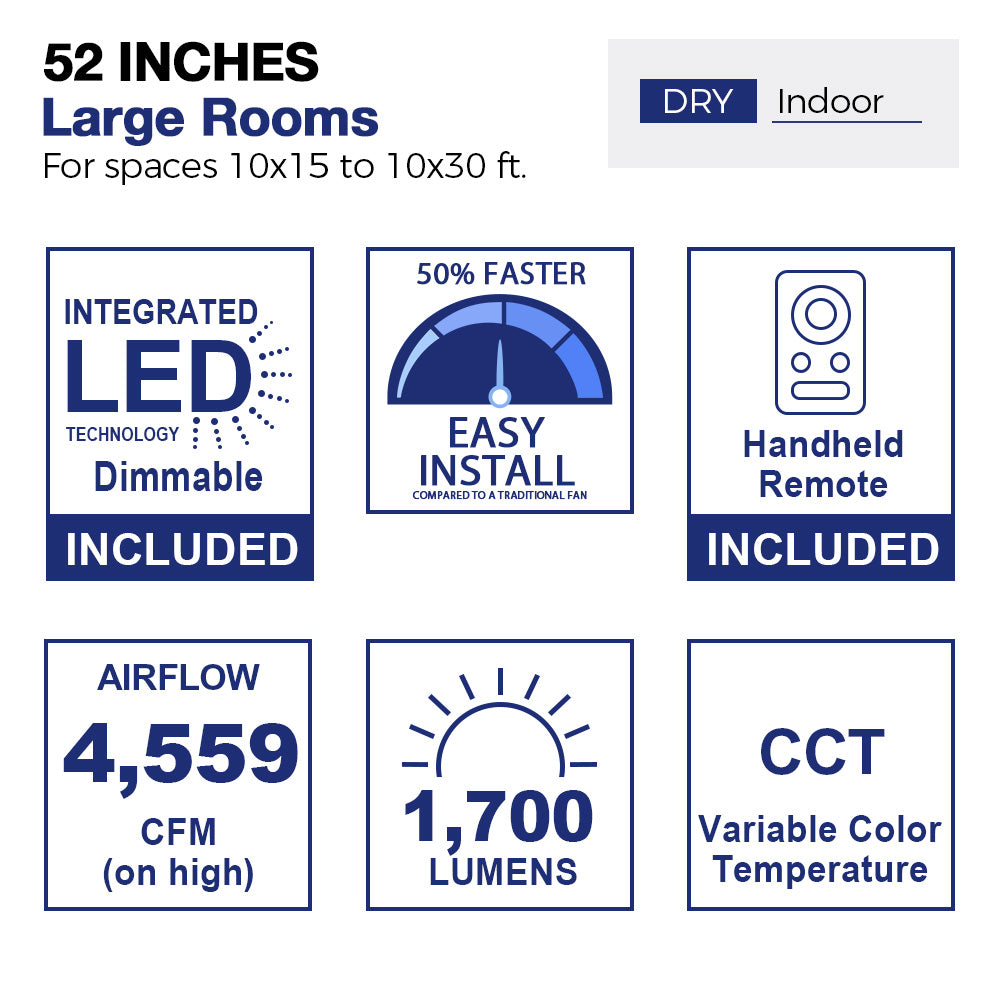 52 Inch Konfor Ceiling Fan with LED Light & Remote Control, Reversible Blades for Bedroom, Living Room, and Outdoor Patio - Energy Efficient Cooling & Stylish Home Decor