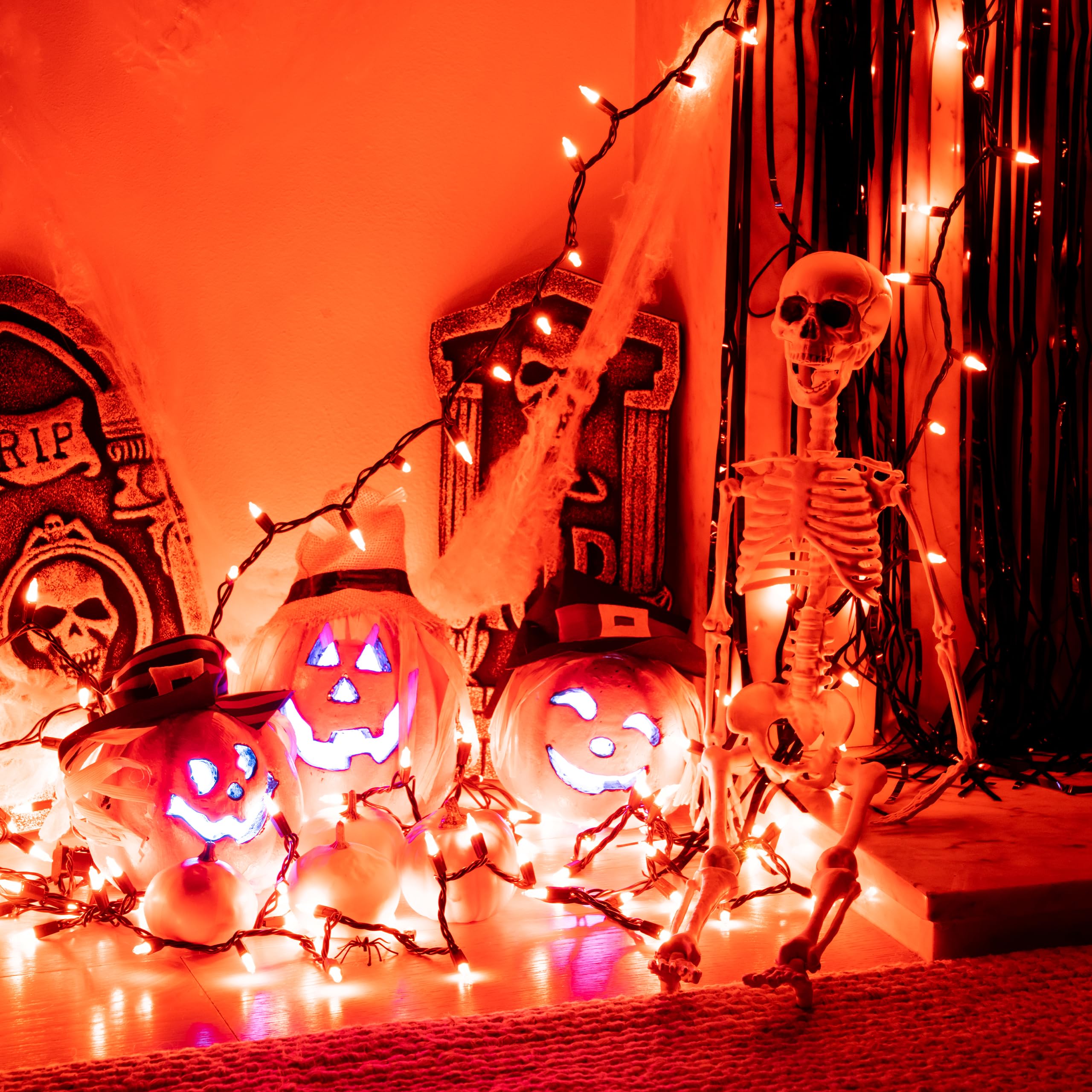 PREXTEX Halloween String Lights - 20ft 100 LED Orange Twinkle Lights with Black Wire for Indoor & Outdoor Decor - Perfect for Halloween Party, Mardi Gras, Christmas & Holiday Decorations