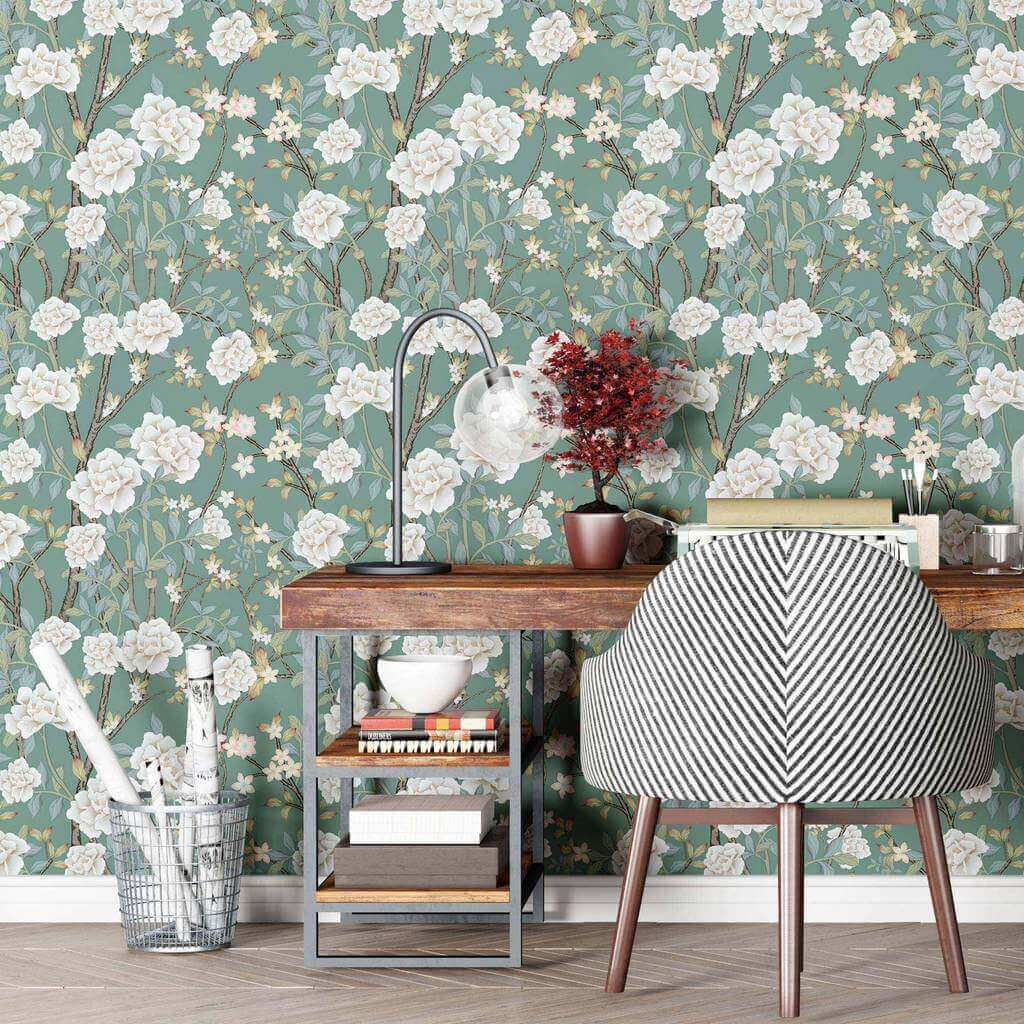 Green Flowers Peel and Stick Removable Wallpaper 2863 - Self-Adhesive Wall Decor for Bedroom, Living Room & Nursery - Easy DIY Home Decoration