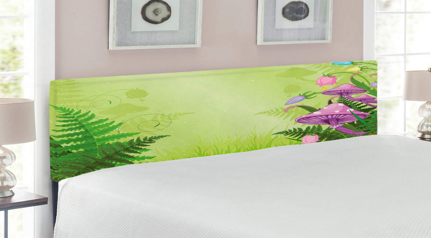 Ambesonne King Size Upholstered Metal Bed Headboard with Memory Foam - Magic Mushroom Forest Landscape Cartoon Print in Green & Purple | Decorative Bedroom Furniture for Kids, Teens & Fantasy Themed Rooms
