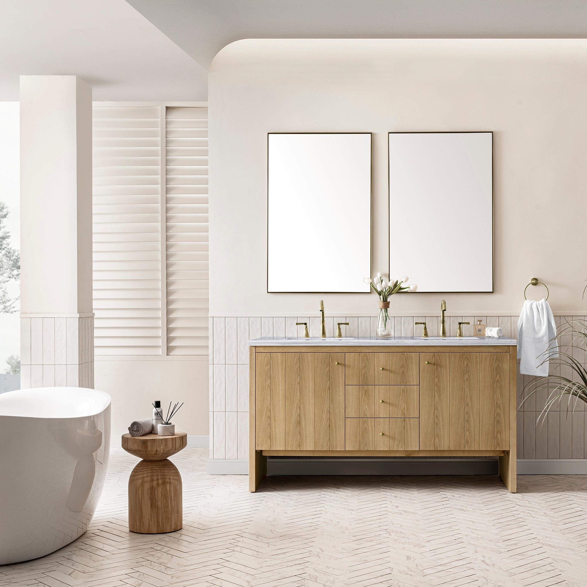 60-Inch Hudson Double Bathroom Vanity in Light Natural Oak with 3CM Arctic Fall Quartz Countertop - Perfect for Master Bathroom Renovation & Modern Home Decor