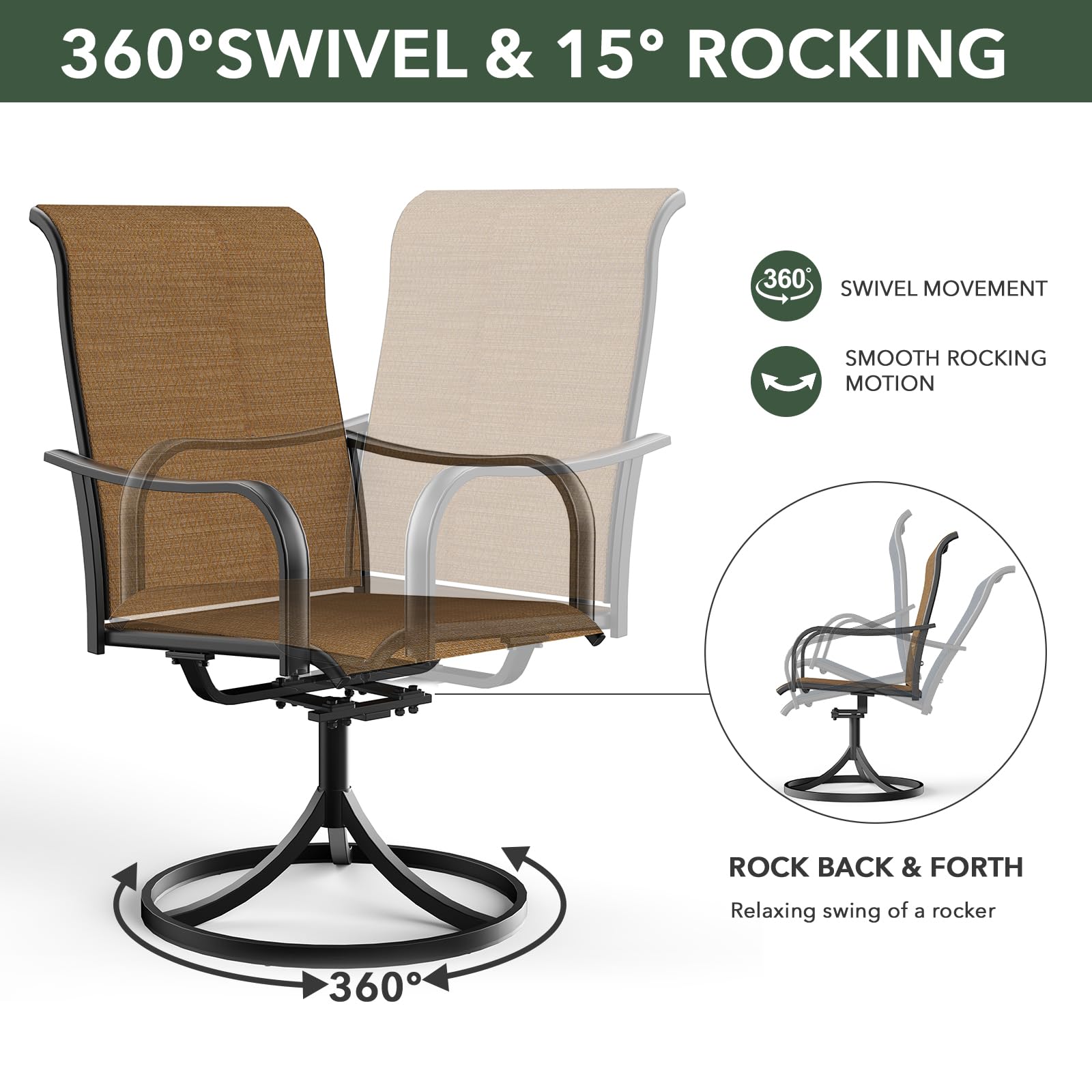 2-Piece High Back Outdoor Swivel Rocking Chair Set - All-Weather Brown Patio Dining Chairs with Curved Armrests for Garden, Deck, Poolside & Backyard Relaxation
