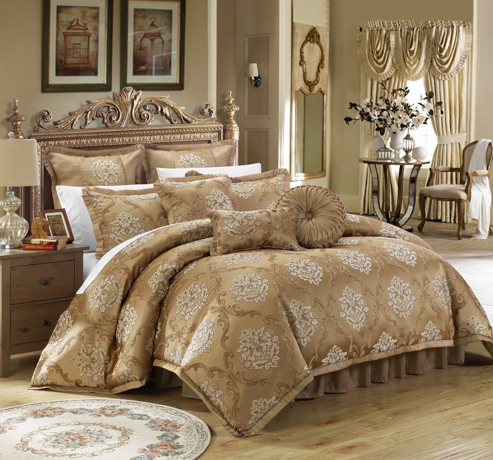 Chic Home 9-Piece Aubrey Decorator Upholstery Comforter Set with Pillows - Queen Size, Gold Luxury Bedding for Master Bedroom & Guest Room Decor