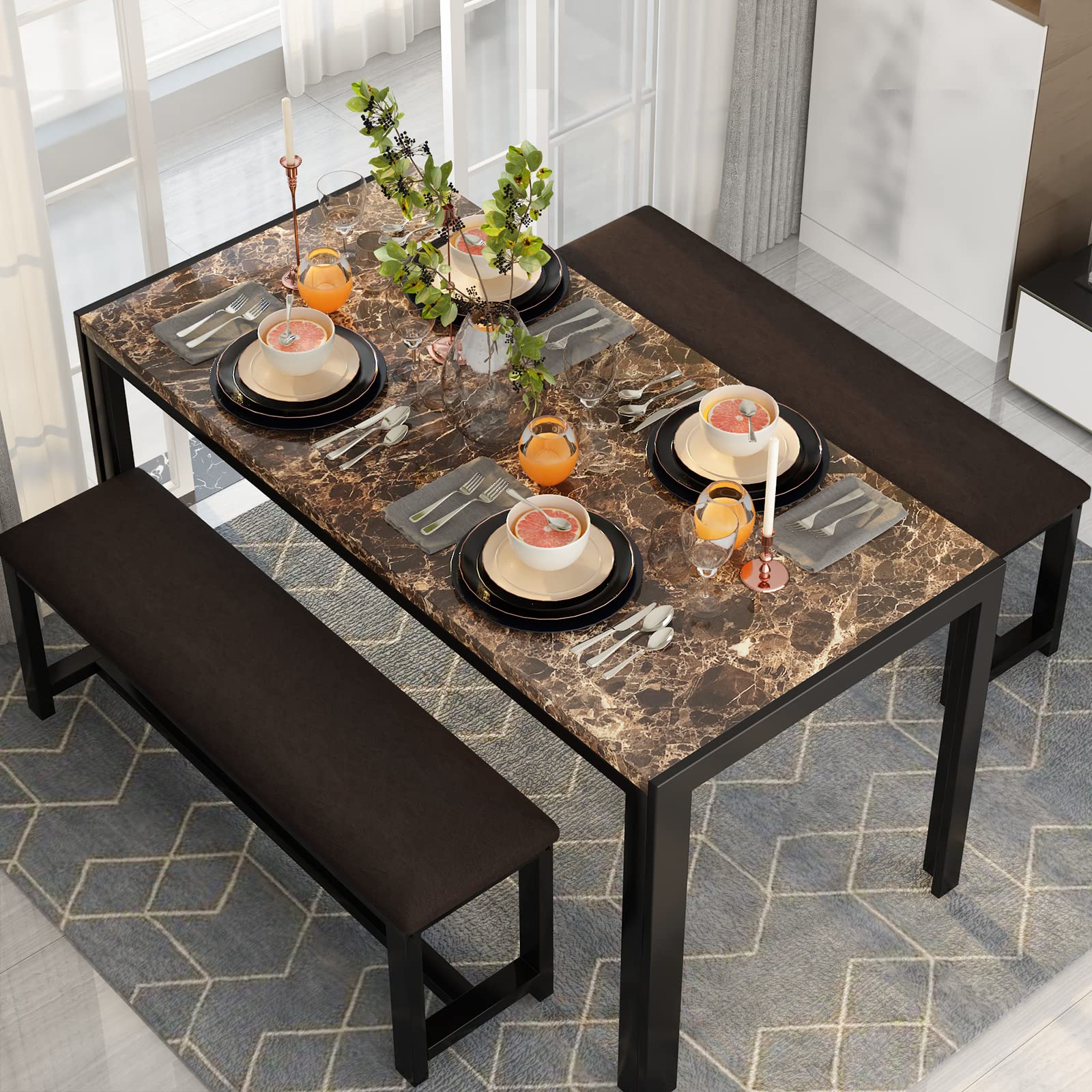 Modern 4-6 Person Dining Table Set with 2 PU Leather Benches - Faux Marble Top Breakfast Nook Set for Small Spaces & Apartments (Brown) - Perfect for Compact Homes, Studio Apartments & Cozy Kitchen Dining Areas