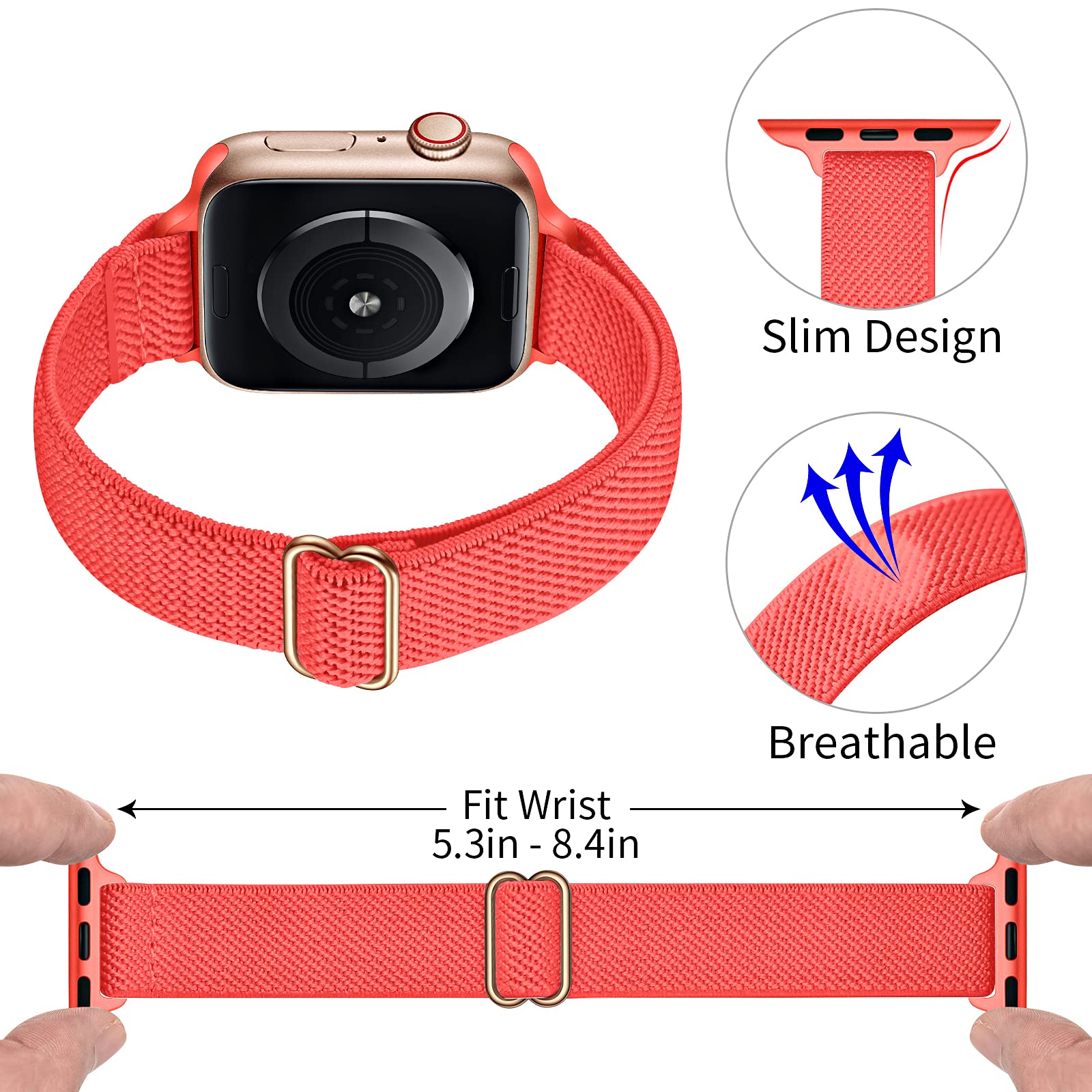 SICCIDEN Slim Stretchy Nylon Bands for Apple Watch Series 10/9/8/7/6/5/4/3/2/1 & iWatch Ultra 2/1 SE - 42mm/44mm/45mm/46mm/49mm - Women's Elastic Thin Strap (Watermelon Red/Rose Gold) | Perfect for Workouts, Running & Everyday Wear