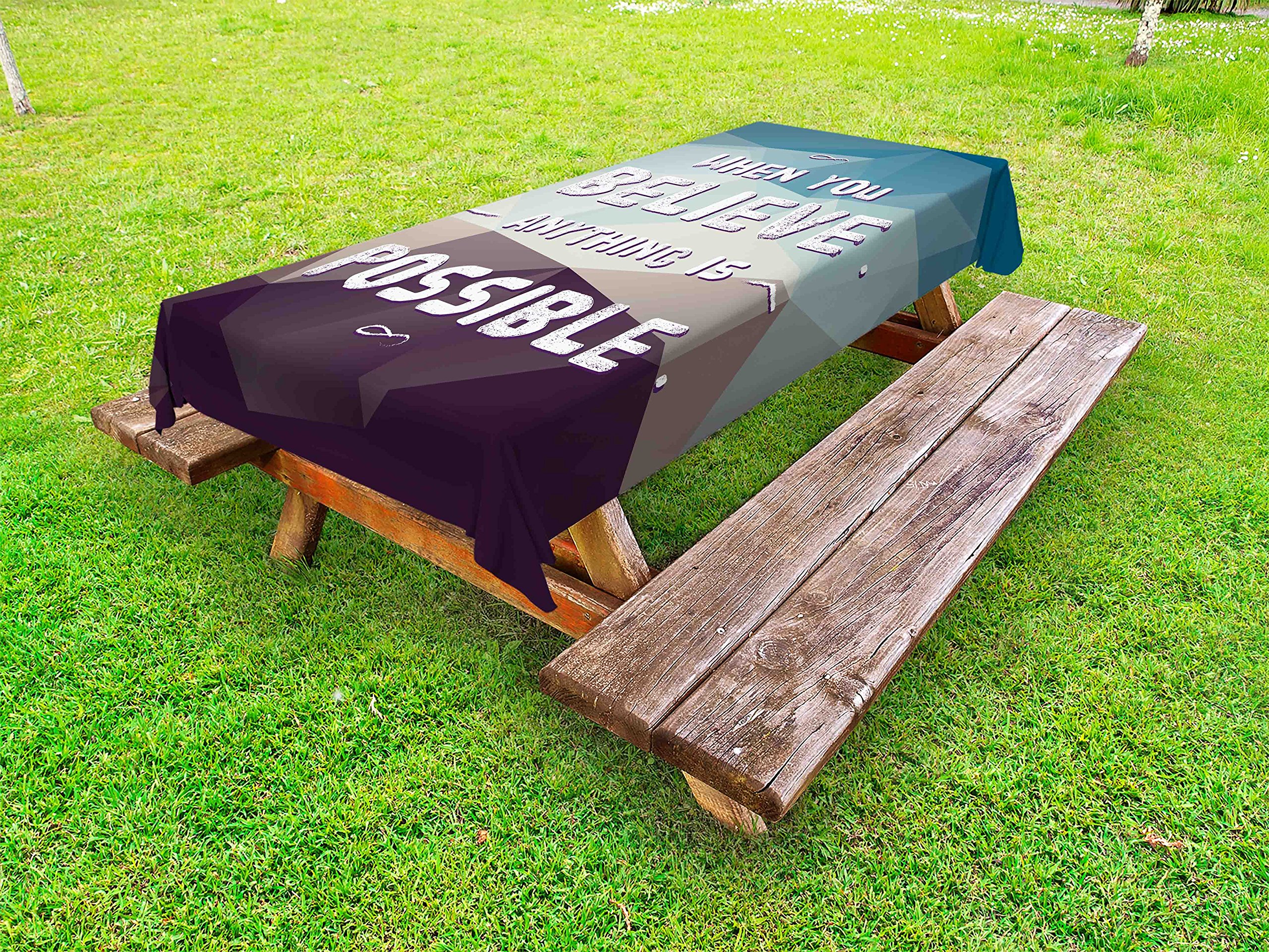 Ambesonne Inspirational Outdoor Tablecloth - 'When You Believe Anything is Possible' Modern Polygonal Print, Washable Picnic Table Cover 58x84 Inches, Teal & Brown - Perfect for Backyard BBQs, Picnics, and Outdoor Dining