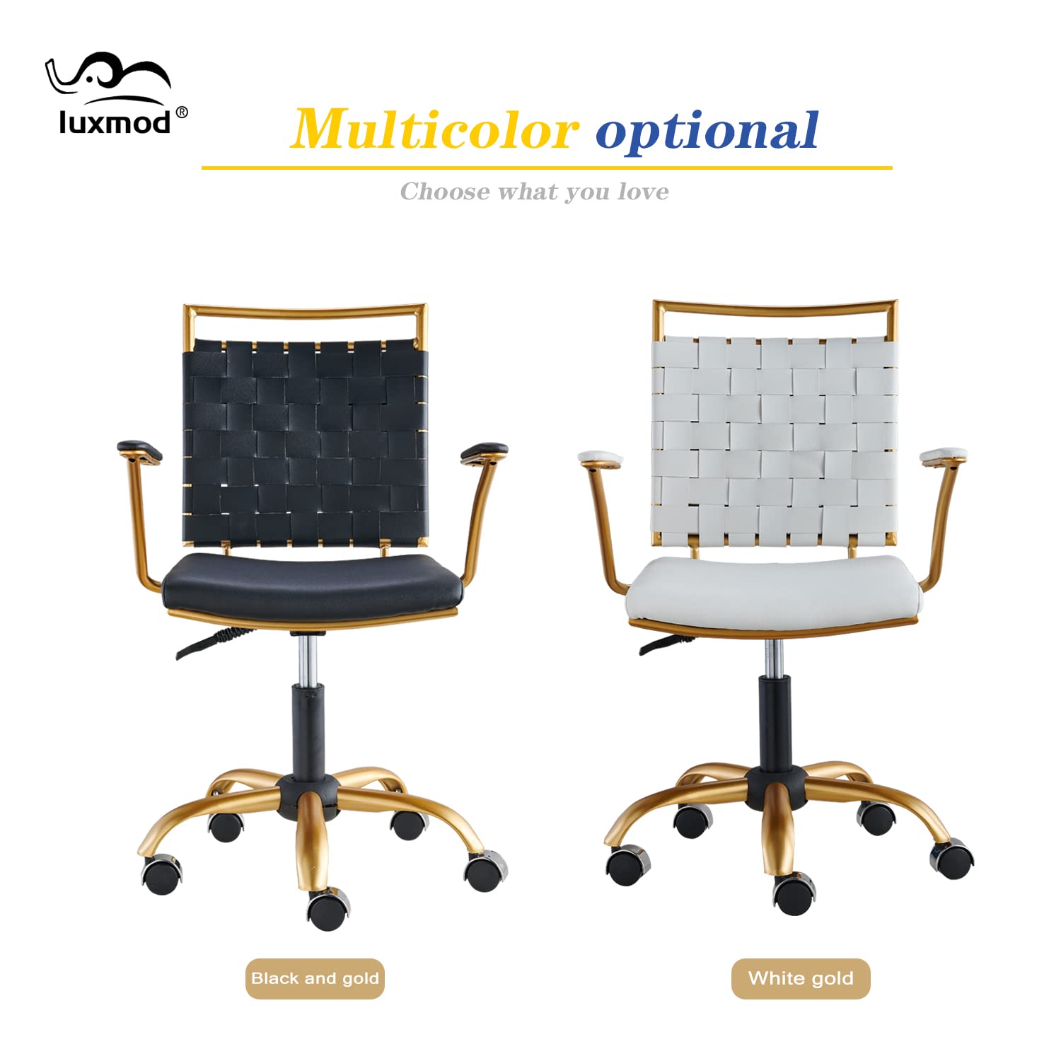 Gold Vanity Chair - Mid Back Ergonomic Swivel Office Chair with Arms, White Leather Computer Desk Chair for Lumbar Support - Perfect for Home Office, Makeup Vanity & Gaming Setup