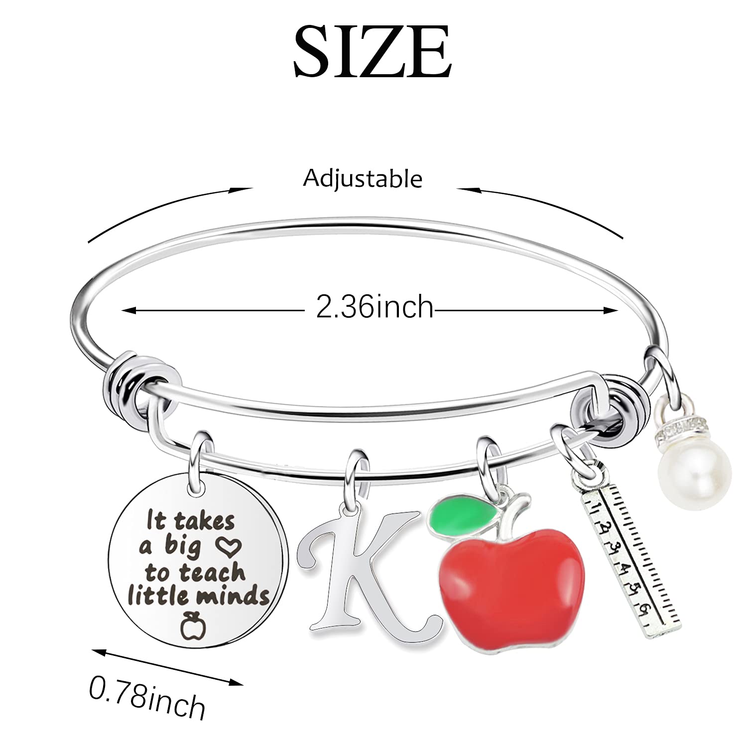 Scwasen Initial Teacher Bracelet for Women - Heart Shaped Teacher Appreciation Jewelry Gift with 'It Takes a Big Heart to Teach Little Minds' Engraving - Perfect Thank You Present for Teachers Day, Graduation, Retirement & Special Occasions