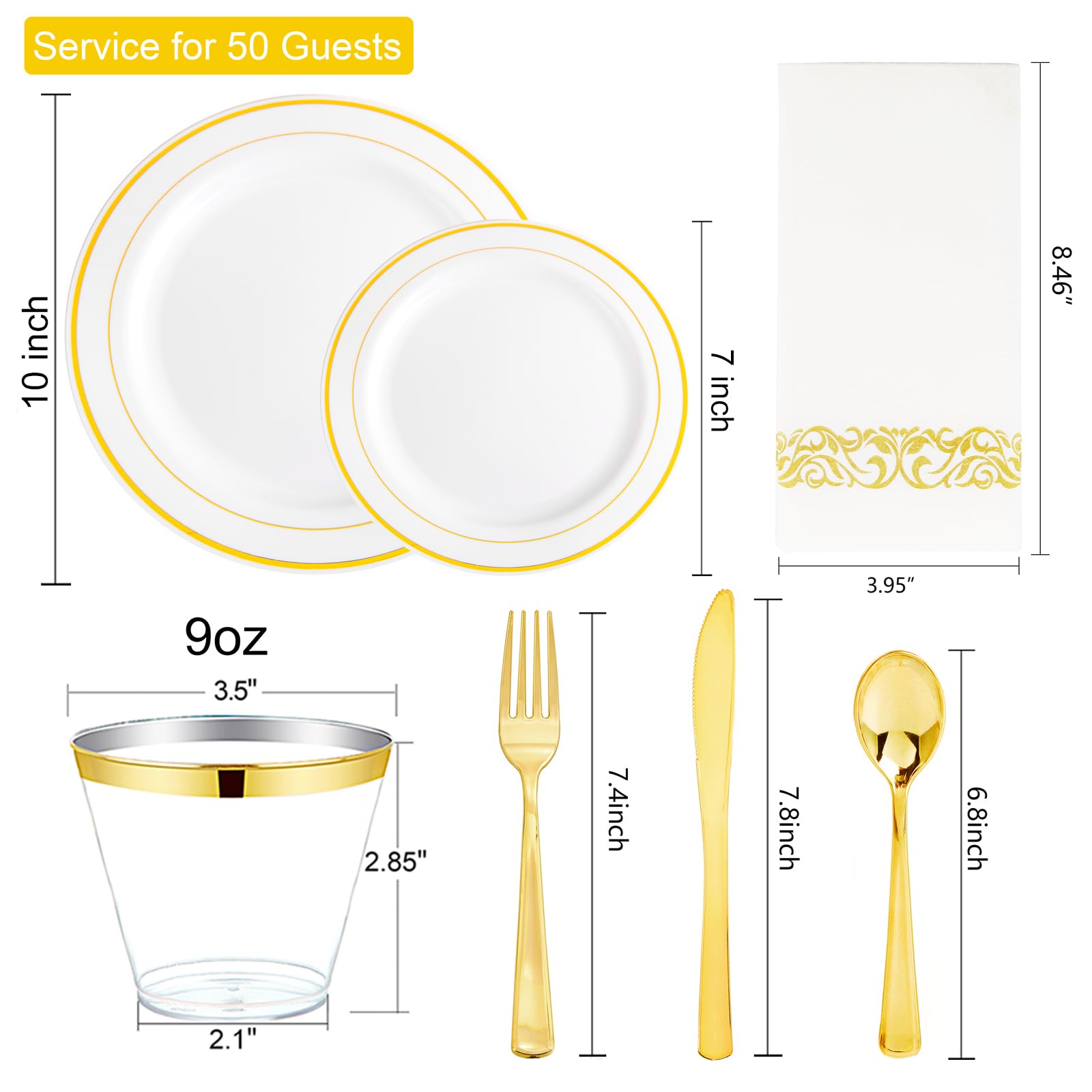 350-Piece Gold Disposable Dinnerware Set for 50 Guests - 100 Plastic Plates, 50 Paper Napkins, 50 Cups & 50 Silverware - Elegant Party & Wedding Tableware for Banquets, Bridal Showers, Anniversary Celebrations and Special Events