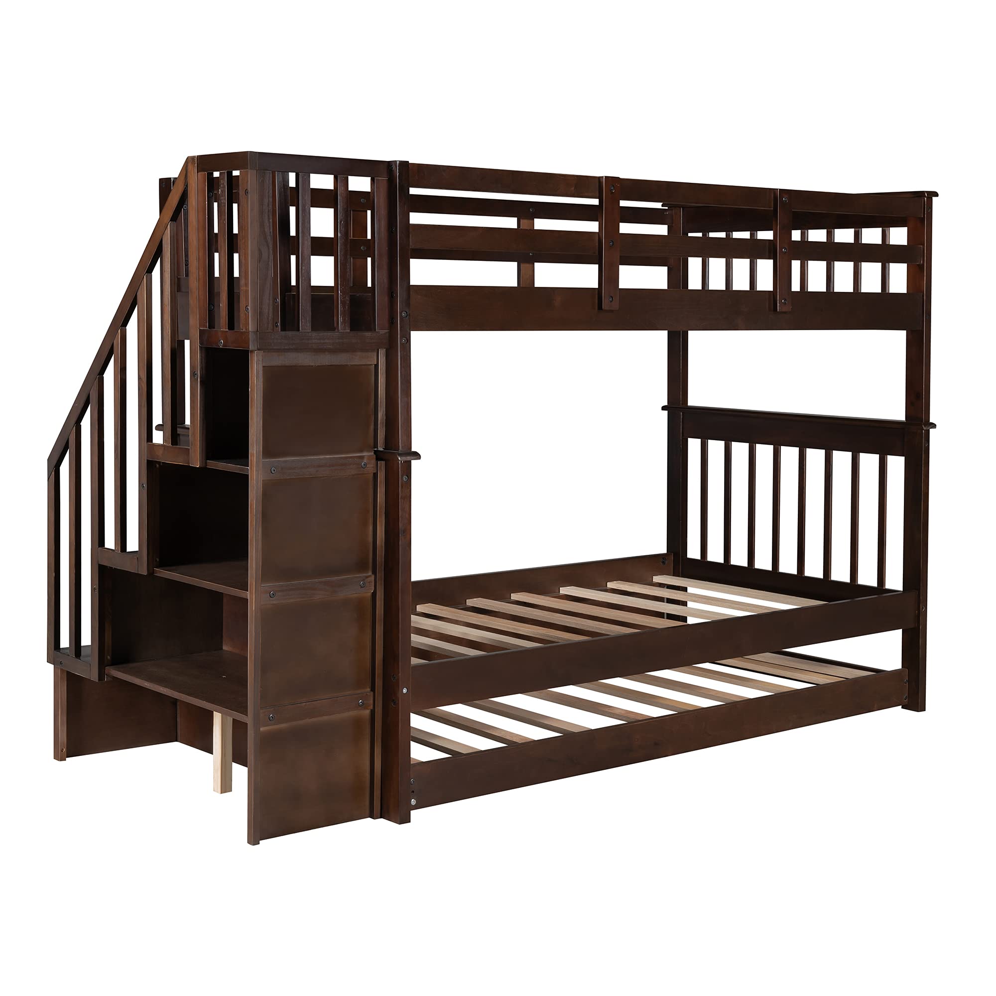 **Twin Over Twin Wooden Bunk Bed with Trundle, Stairs & Open Shelves – Espresso Kids & Teens Bunk Bed for Bedroom, Dorm, Guest Room – Space-Saving & Stylish Sleep Solution**