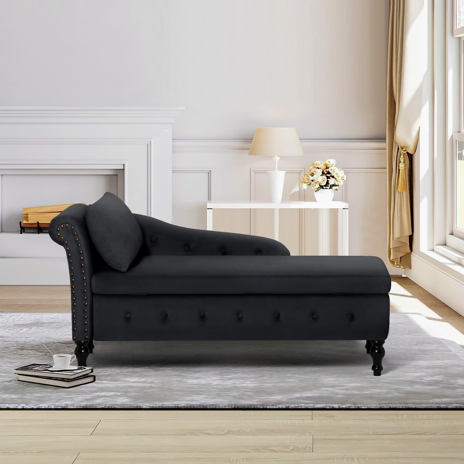Luxury Velvet Upholstered Chaise Lounge with Left Armrest & Lumbar Support - Button Tufted Modern Lounge Sofa with Storage - Comfortable Living Room, Bedroom & Office Lounge Chair (Black) - Perfect for Relaxing, Reading & Small Space Decor