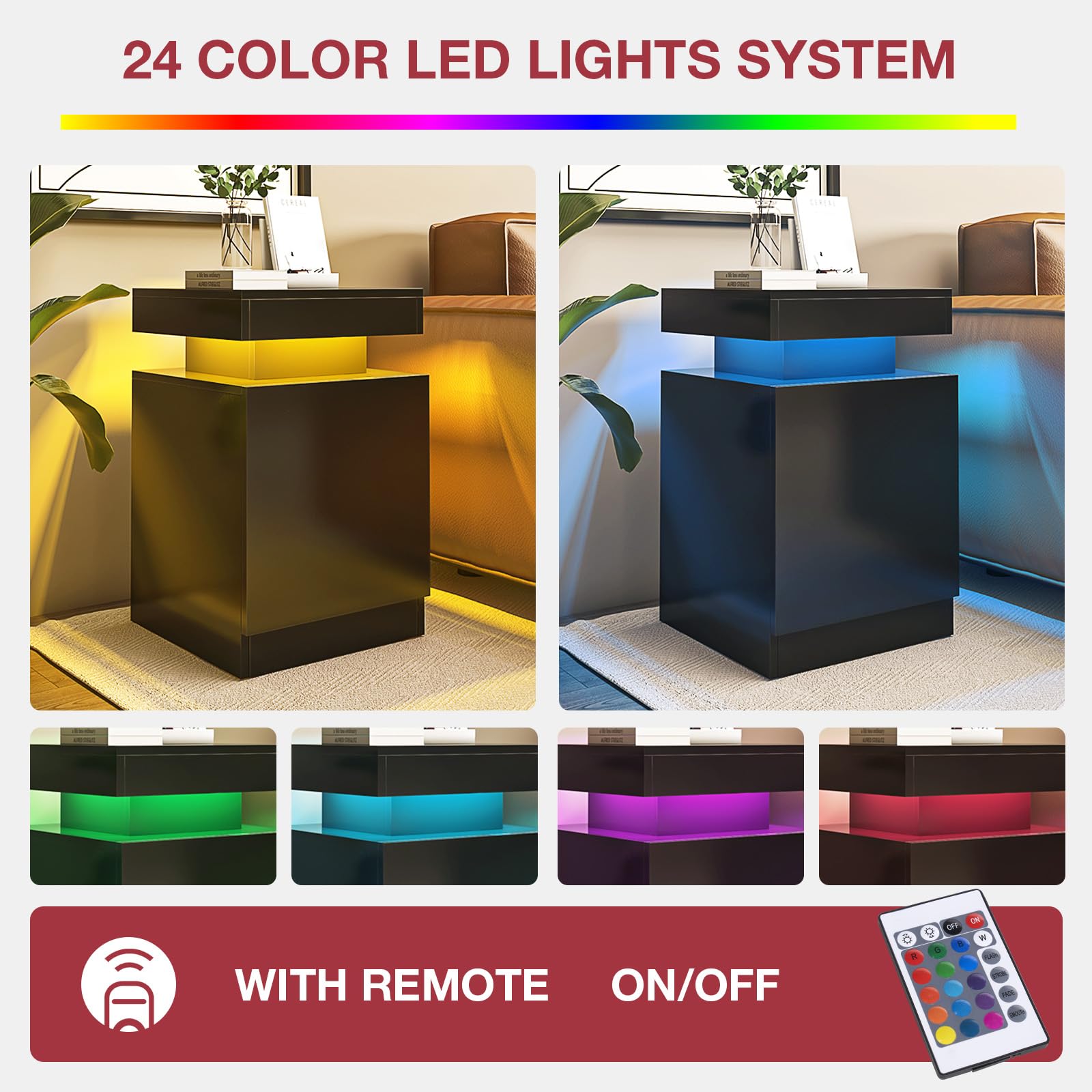 Oneinmil 2-Piece LED Nightstand Set with Storage - Black, for Bedroom & Living Room