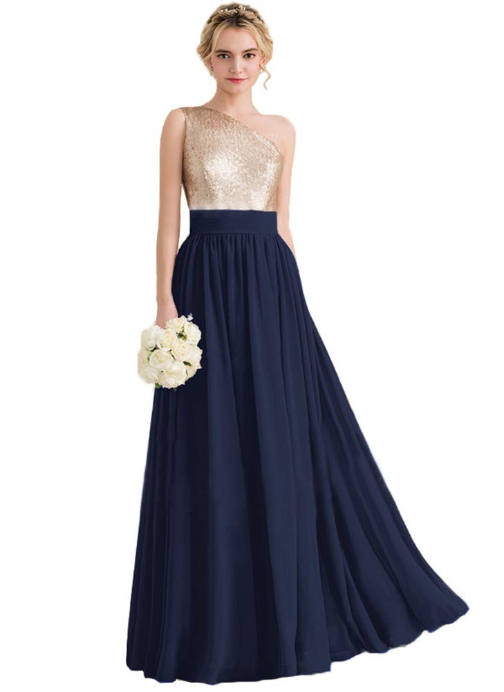 Clothfun One Shoulder Sequin Rose Gold Bridesmaid Dress - Long Chiffon Formal Gown for Women | Perfect for Weddings, Prom & Evening Parties