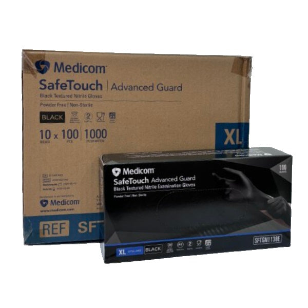 Medicom SafeTouch Nitrile Disposable Gloves - Black, Powder Free, Latex Free, 100 Pcs/Box - Ideal for Medical, Food Handling, Cleaning & Tattoo Use