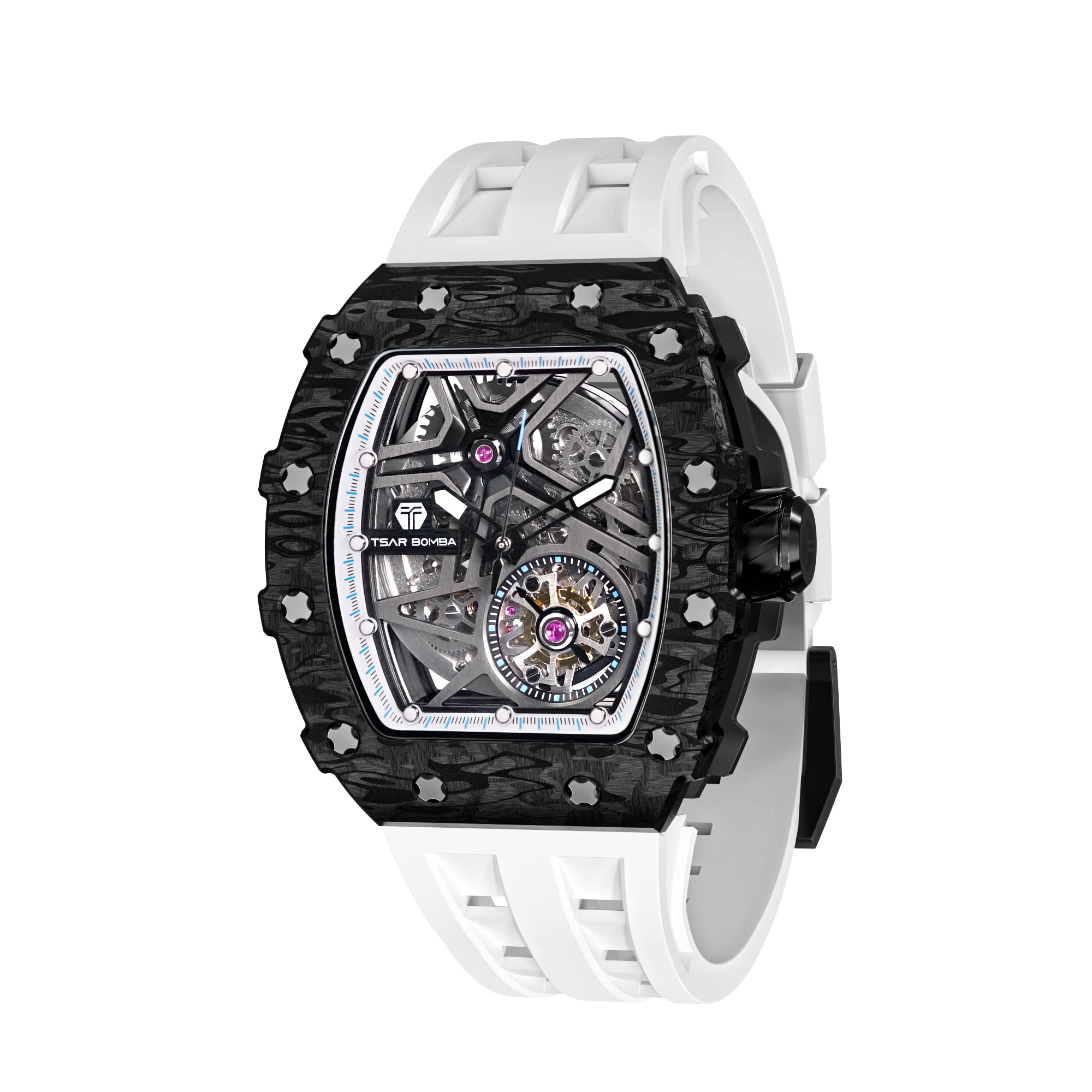 TSAR BOMBA Men's Luxury Automatic Skeleton Watch - Silver Square Big Face with Silicone Strap, 50M Waterproof Analog Wristwatch for Business, Casual & Formal Wear | Perfect Gift for Men