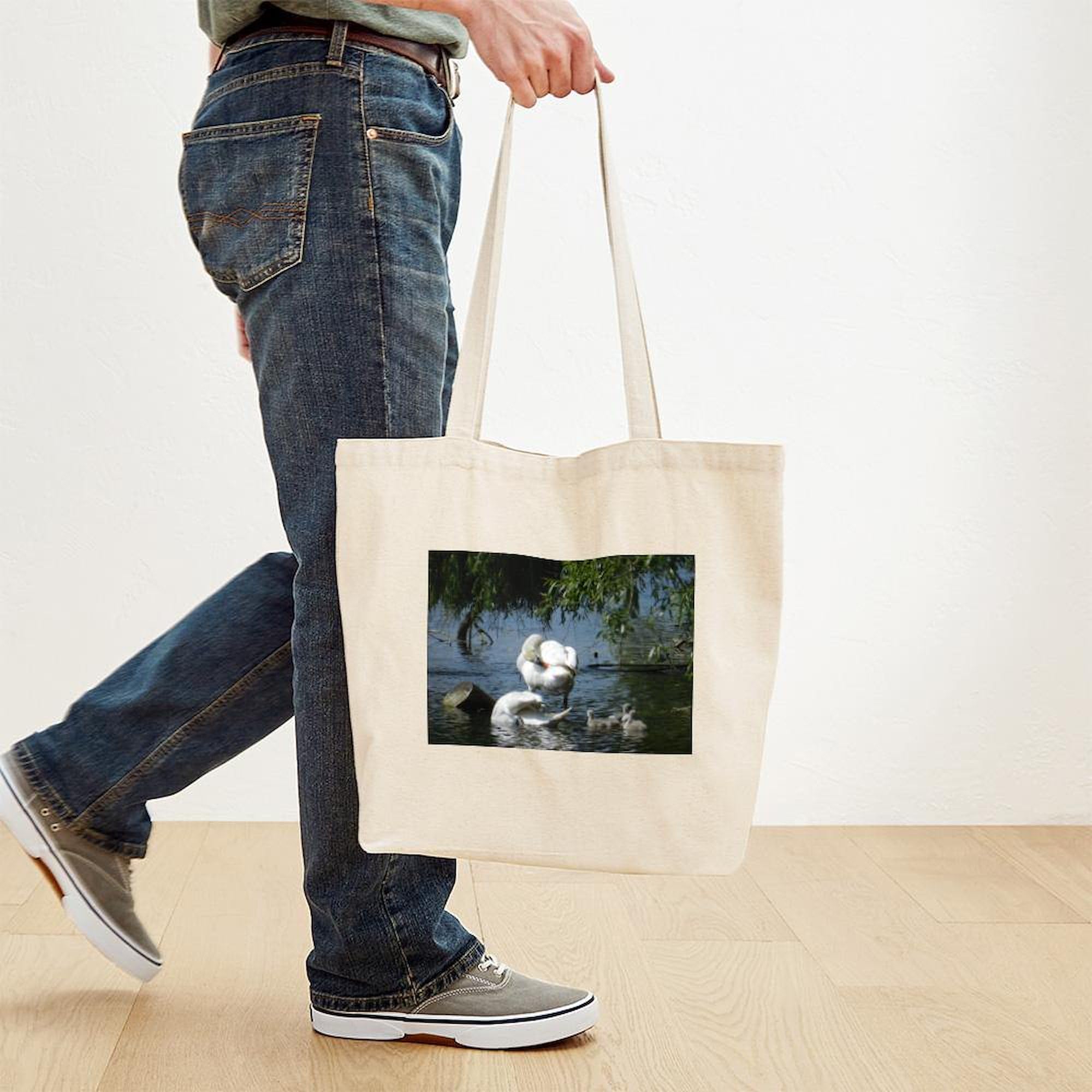 Swan and Cygnets Canvas Tote Bag - Natural Reusable Shopping Bag for Groceries, Beach, Work & Daily Use