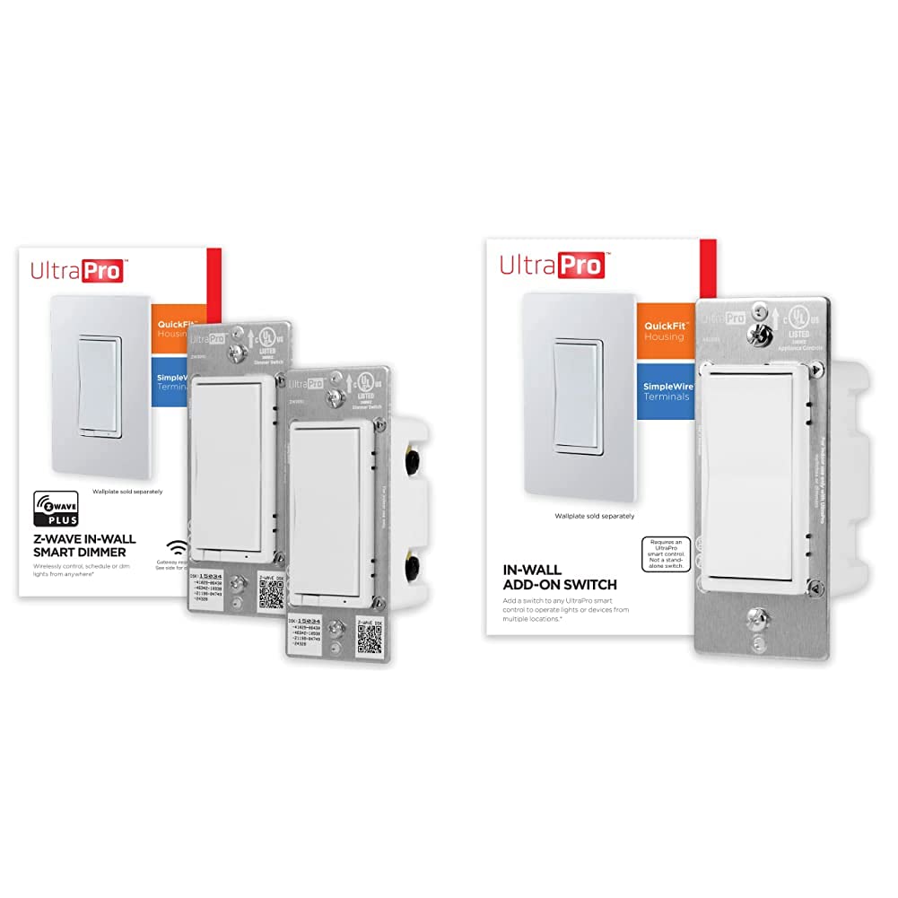 UltraPro Z-Wave Smart Dimmer Switch 2-Pack with Add-On Switch - In-Wall Rocker Light Control for Home Automation | Perfect for Living Room, Bedroom & Smart Home Setup