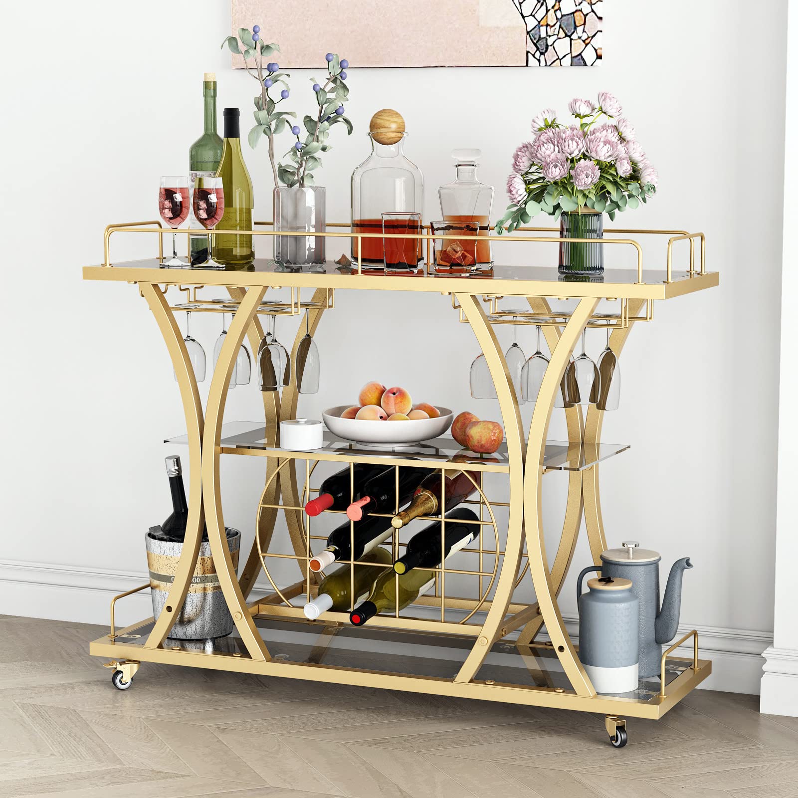 3-Tier Gold Rolling Bar Cart with Glass Holders & Wine Rack - Metal Kitchen Serving Cart with Glass Shelves for Home, Party & Outdoor Entertaining - Perfect for Cocktail Making, Wine Display & Mobile Bar Setup