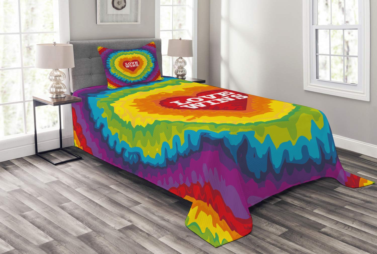Ambesonne Pride Bedspread Set - Love Wins Celebration Tie Dye Digital Print Bedding with Rainbow Colors | 3-Piece Decorative Coverlet & 2 Pillow Shams | Twin Size Multicolor | Perfect for LGBTQ+ Pride Events, Bedroom Decor & Themed Parties