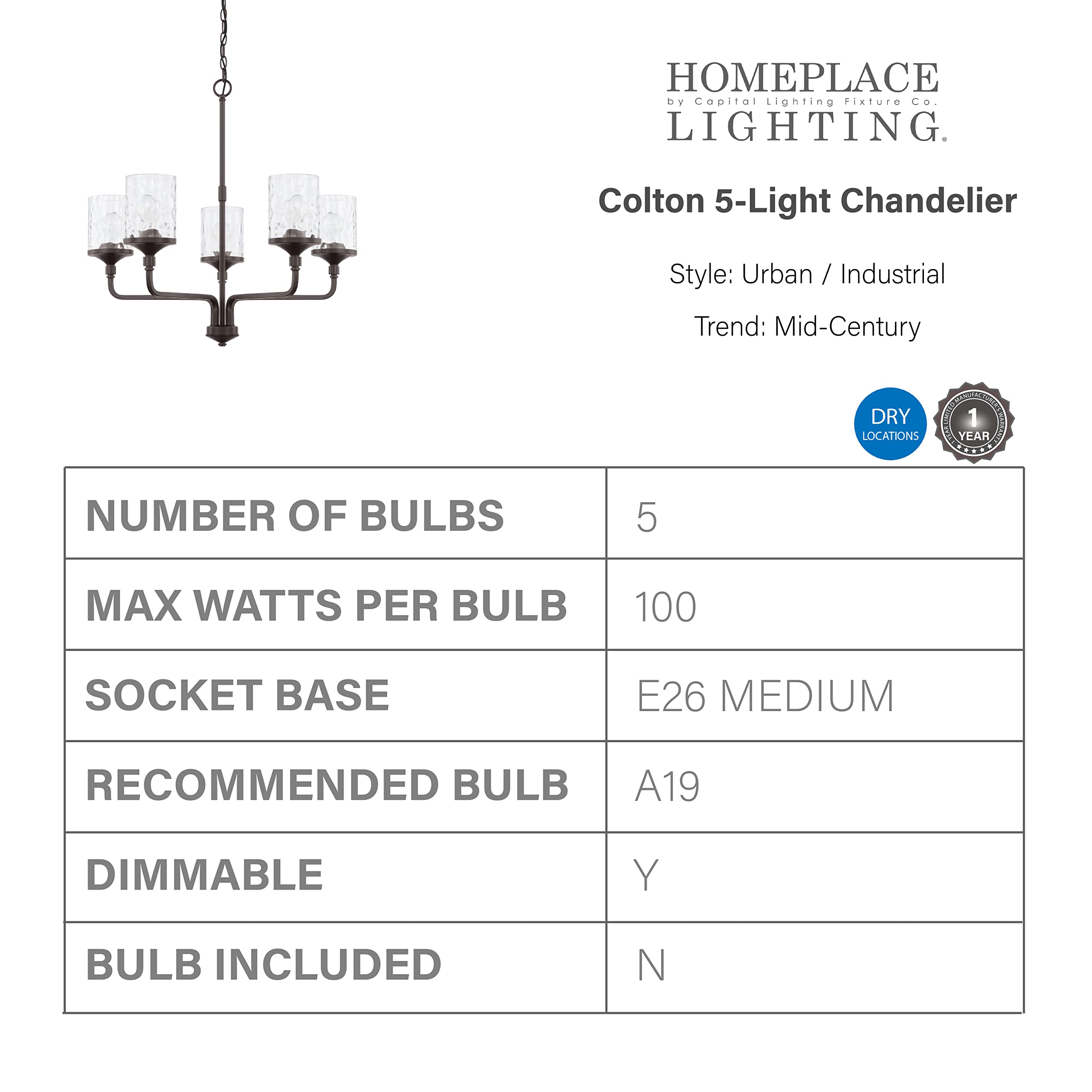 HomePlace Lighting 428851BZ-451 Colton 5-Light Industrial Chandelier - 27