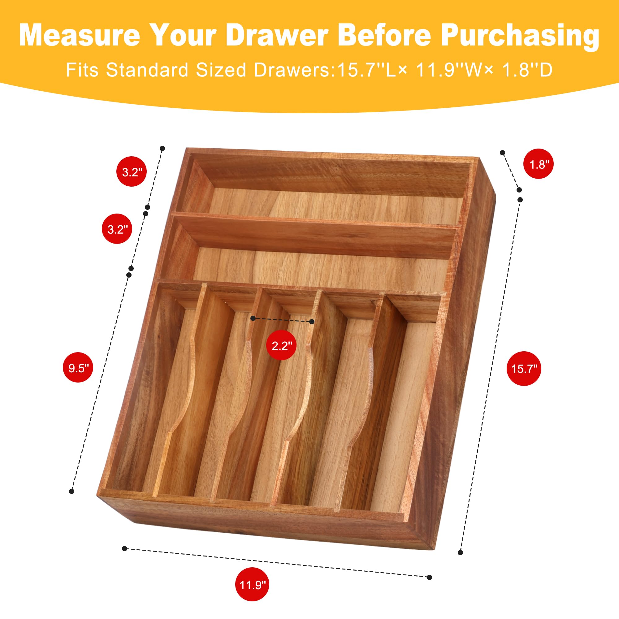 Acacia Wood Silverware Organizer - 7 Slot Kitchen Drawer Divider with Deep Grooves | Utensil Holder & Cutlery Tray for Flatware Storage | Perfect for Kitchen Organization and Dining Room Drawers