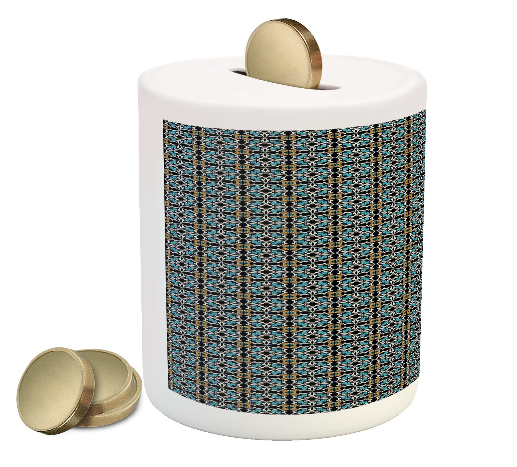 Ambesonne Vintage Ceramic Piggy Bank - Retro Floral Mosaic Tile Design Money Box for Cash Savings | Old Fashioned Coin Bank with Abstract Ornamental Patterns | Perfect Gift for Kids, Collectors & Home Decor