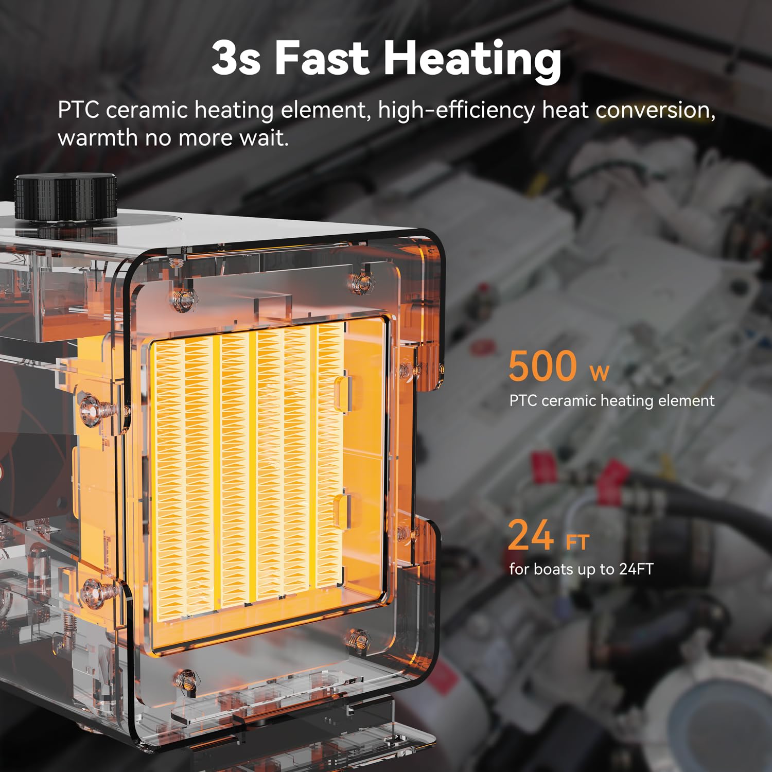 500W PTC Boat Engine Compartment Heater with Thermostat & Waterproof Fan - Safe Marine Cabin Heater for Winter - Prevent Freezing in Boat Bilge, Cabin & Pump - Ideal for Yachts, Fishing Boats & Marine Use - White
