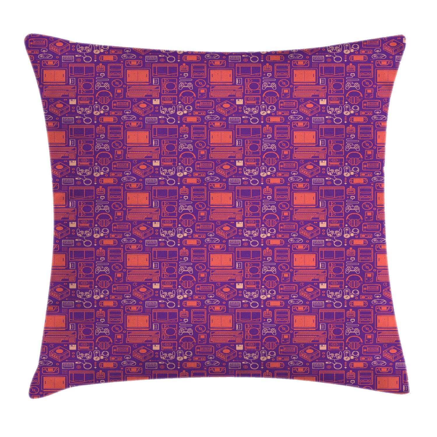 Ambesonne Vintage Gaming Throw Pillow Cover - 24x24 Inch Square Cushion Case with Retro Video Game Console Design in Purple & Burnt Sienna - Perfect for Gamers Room Decor, Living Room Accent, or Gaming Chair Accessory