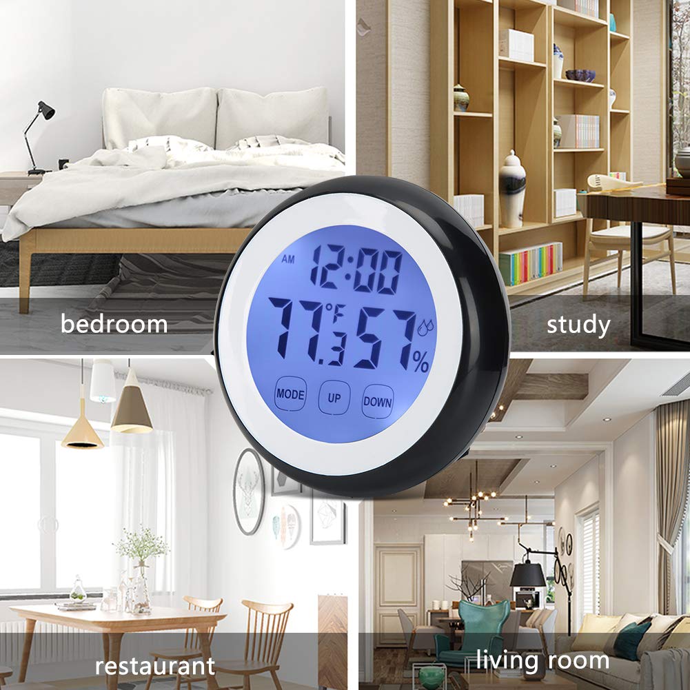Digital Alarm Clock with Touch Control, Temperature & Humidity Display - Round Design for Heavy Sleepers, Bedside Table, Home & Office Use