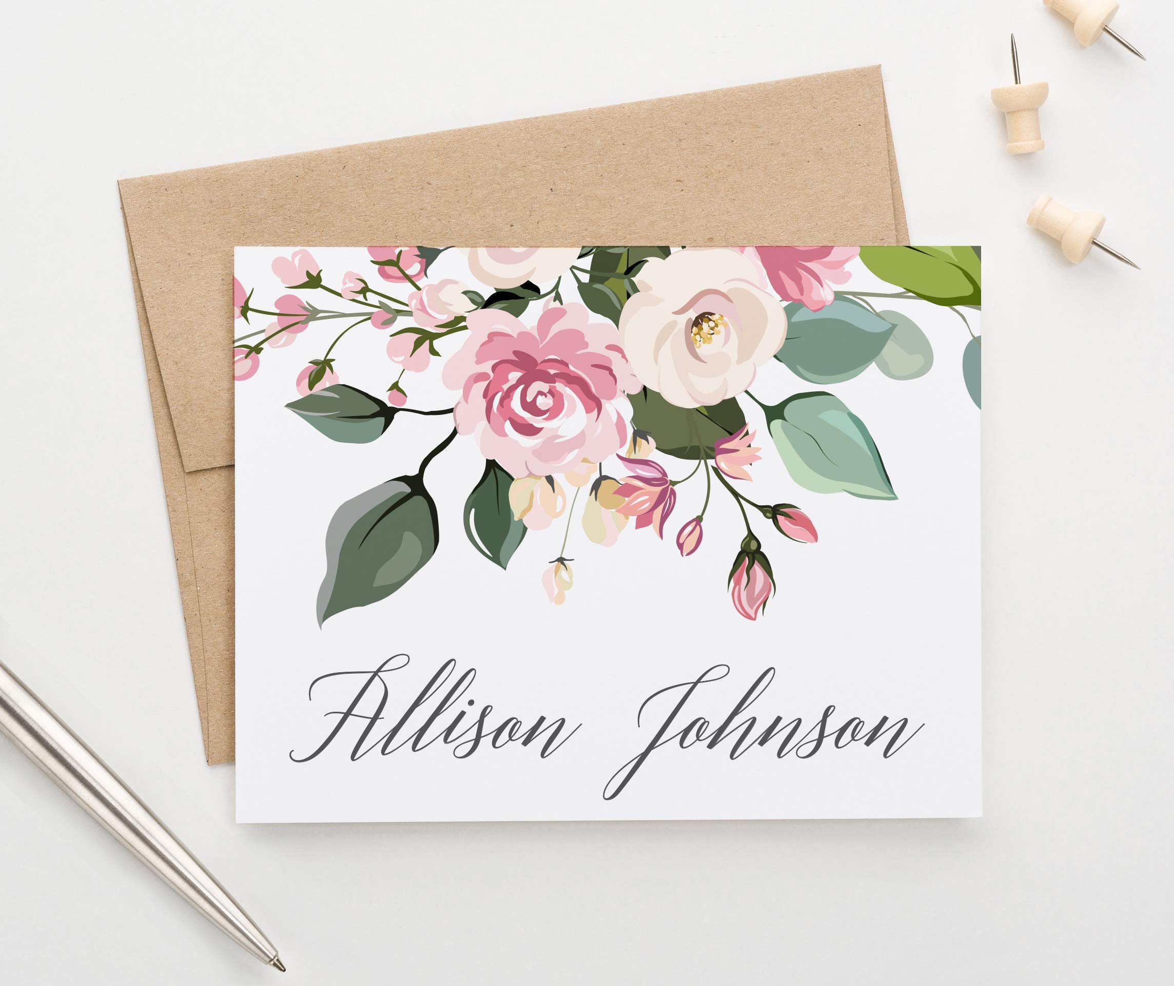 Rustic Personalized Floral Stationery Set with Envelopes - Custom Folded Note Cards for Women, Choose Colors & Quantity - Perfect for Thank You Cards, Wedding Invitations & Handwritten Letters