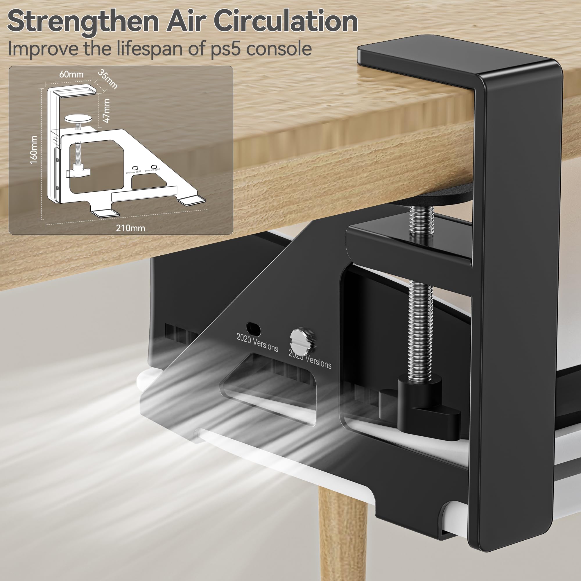 No-Drill Under Desk PS5 Mount for PS5 Slim & Digital Edition - Heavy Duty Metal Bracket with Clamp, Screws & EVA Foam - Perfect for Gaming Setups, Home Theaters & Office Spaces