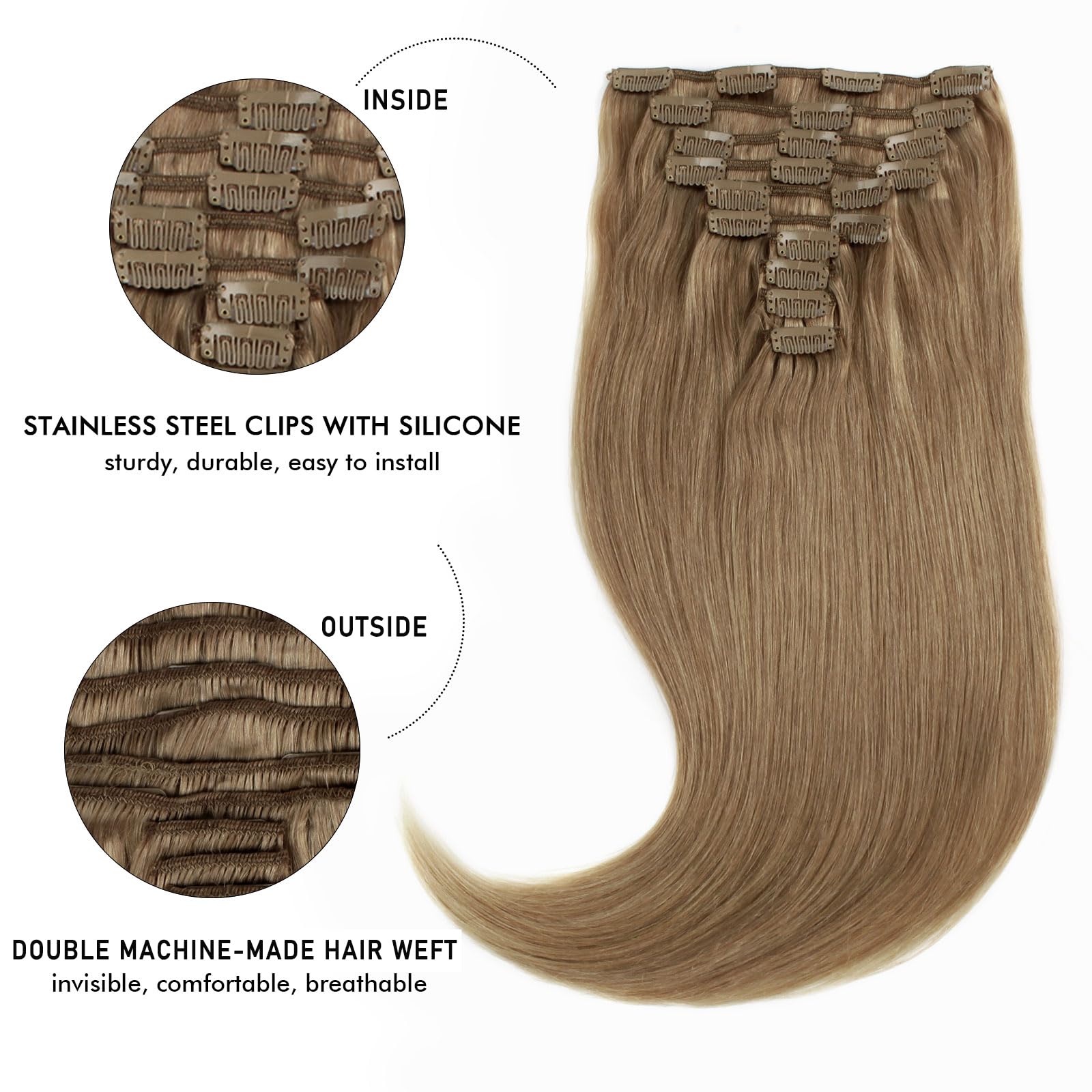 20 Inch 160g Clip-in Human Hair Extensions - 10 Pieces Remy Straight Virgin Hair in Chestnut Brown (21 Clips) | Perfect for Volume Boost, Length Extension & Styling for Parties, Weddings & Daily Wear
