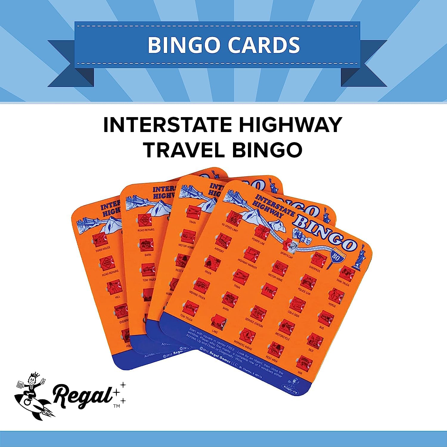 Regal Games Finger-Tip Shutter Bingo Cards with Sliding Windows - Interstate Highway Travel Bingo Game Set for Adults & Kids - Reusable No-Chip Bingo Cards (4 Pack, Orange) - Perfect for Road Trips, Family Game Nights & Travel Entertainment