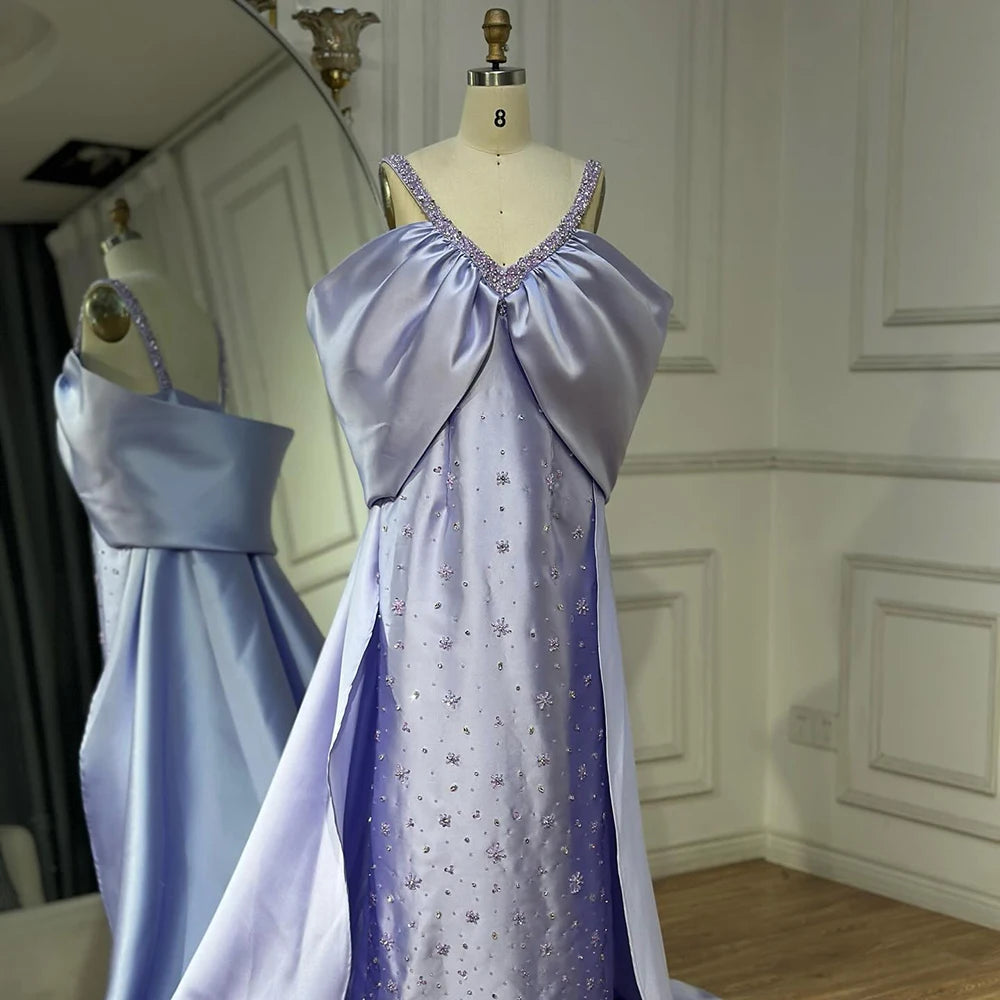 Elegant Lilac Off Shoulder Evening Dress with Detachable Cape & Beaded Details - LA72529 | Wedding Guest Dress, Prom Gown & Special Occasion Party Dress