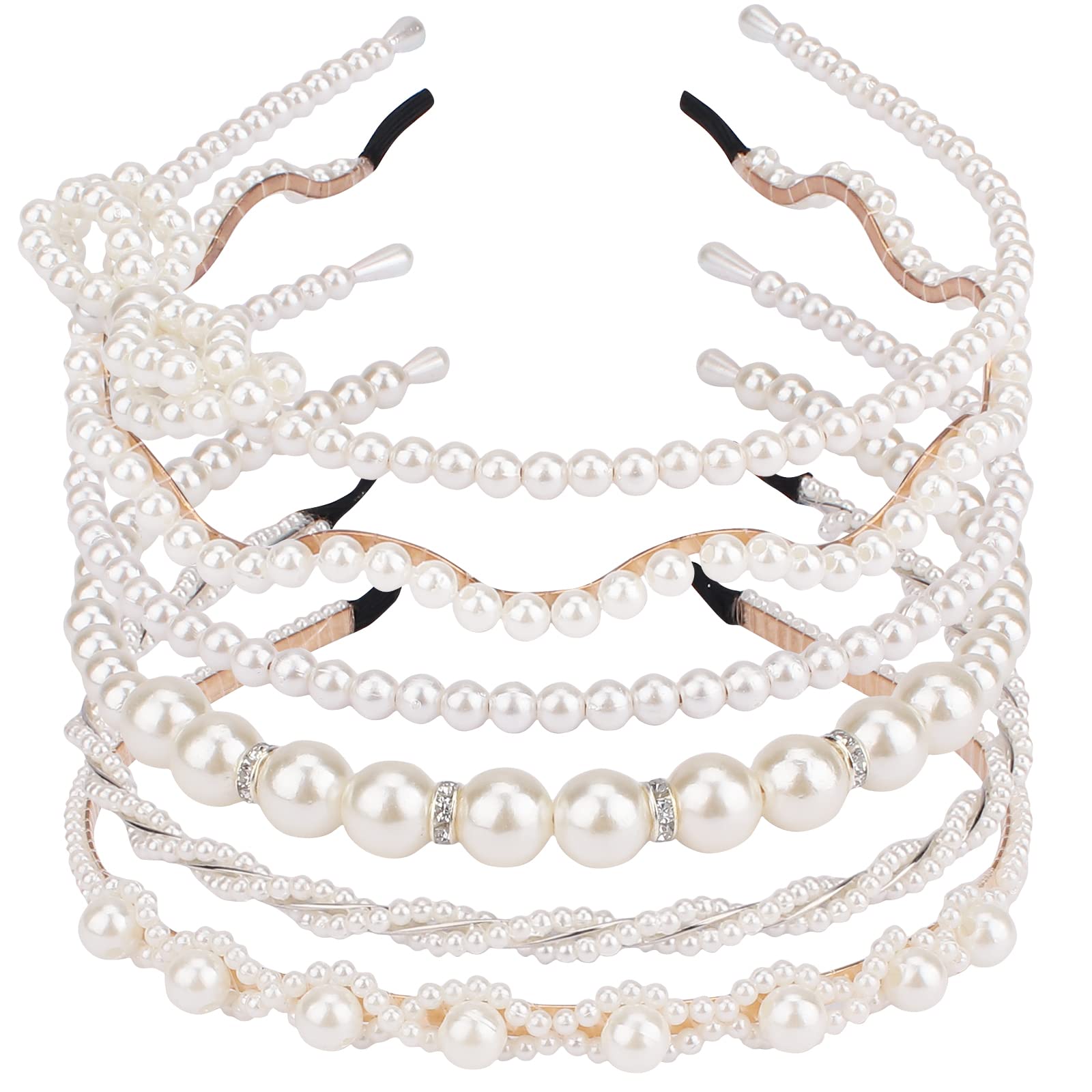 AMCAMI White Pearl Rhinestones Sparkly Beaded Hair Accessories - 6 PCS Headbands & Hair Hoops for Women & Girls | Fashionable Hairbands for Parties, Weddings & Daily Wear