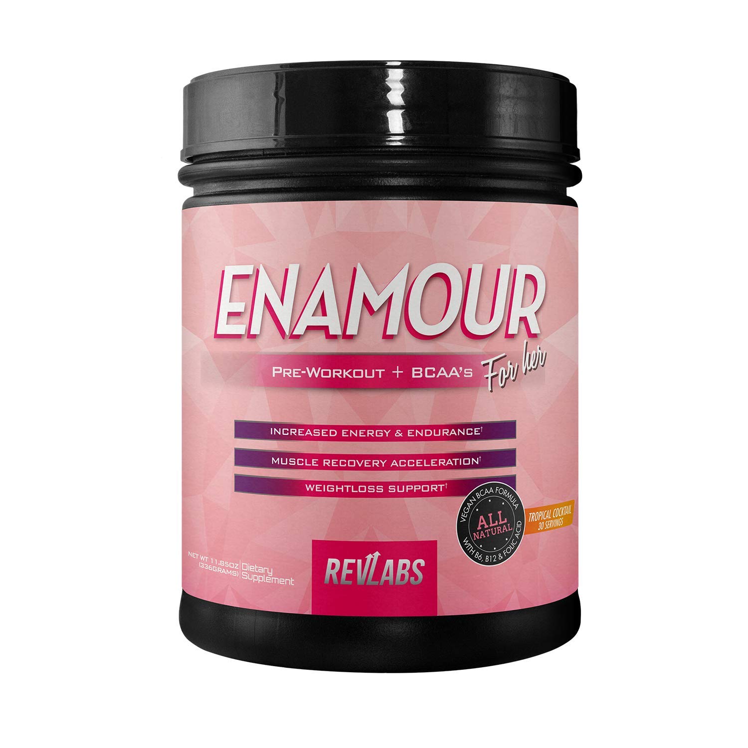 RevLabs ENAMOUR Women's Pre-Workout Supplement with BCAA - Tropical Cocktail Flavor | Energy Boost & Muscle Recovery for Female Athletes | Perfect for Gym, Running & Fitness Training