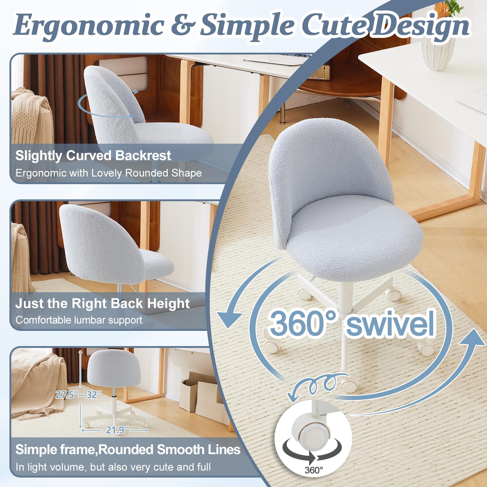 VINGLI Armless Cute Teddy Desk Chair with Wheels - Adjustable Swivel Office Chair with Lumbar Support, Comfortable Small Computer Task Chair for Home Office, Bedroom & Vanity (Poetic Blue) - Perfect for Work, Study & Makeup Stations