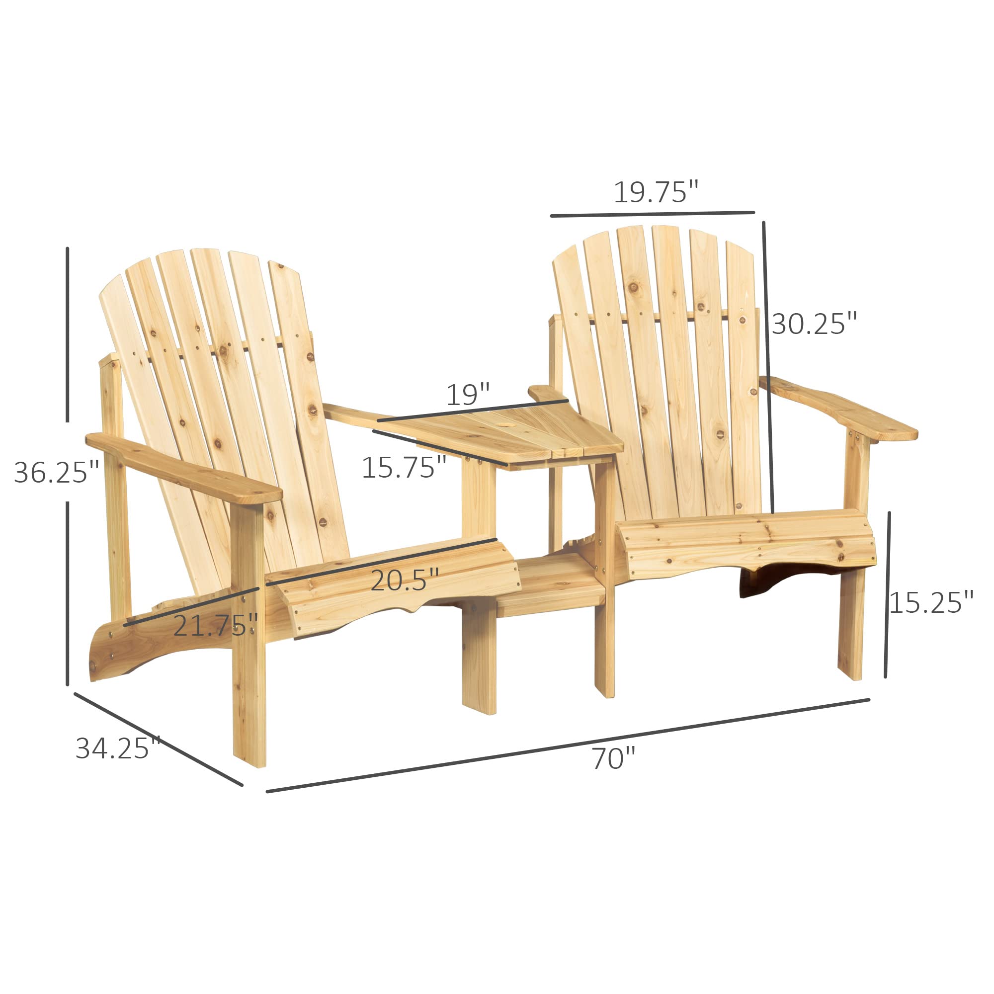 Outsunny 2-Person Wooden Adirondack Chairs Set with Fire Pit Table & Umbrella Hole - Natural Patio Furniture for Deck, Lawn, Poolside, Backyard Relaxation & Outdoor Gatherings