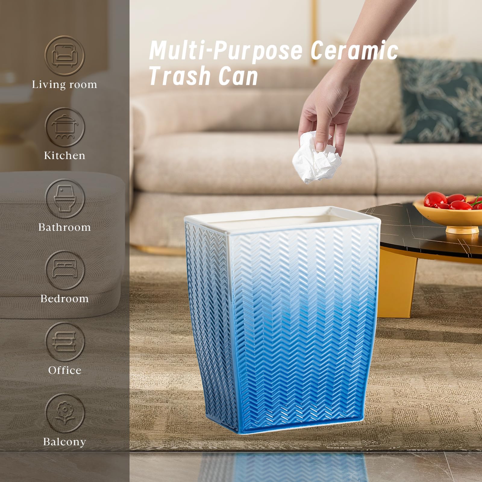5L Small Blue Trash Can - Stylish 1.32 Gallon Waste Basket for Bathroom, Kitchen, Office & Bedroom | Space-Saving Garbage Bin for Home Decor & Organization