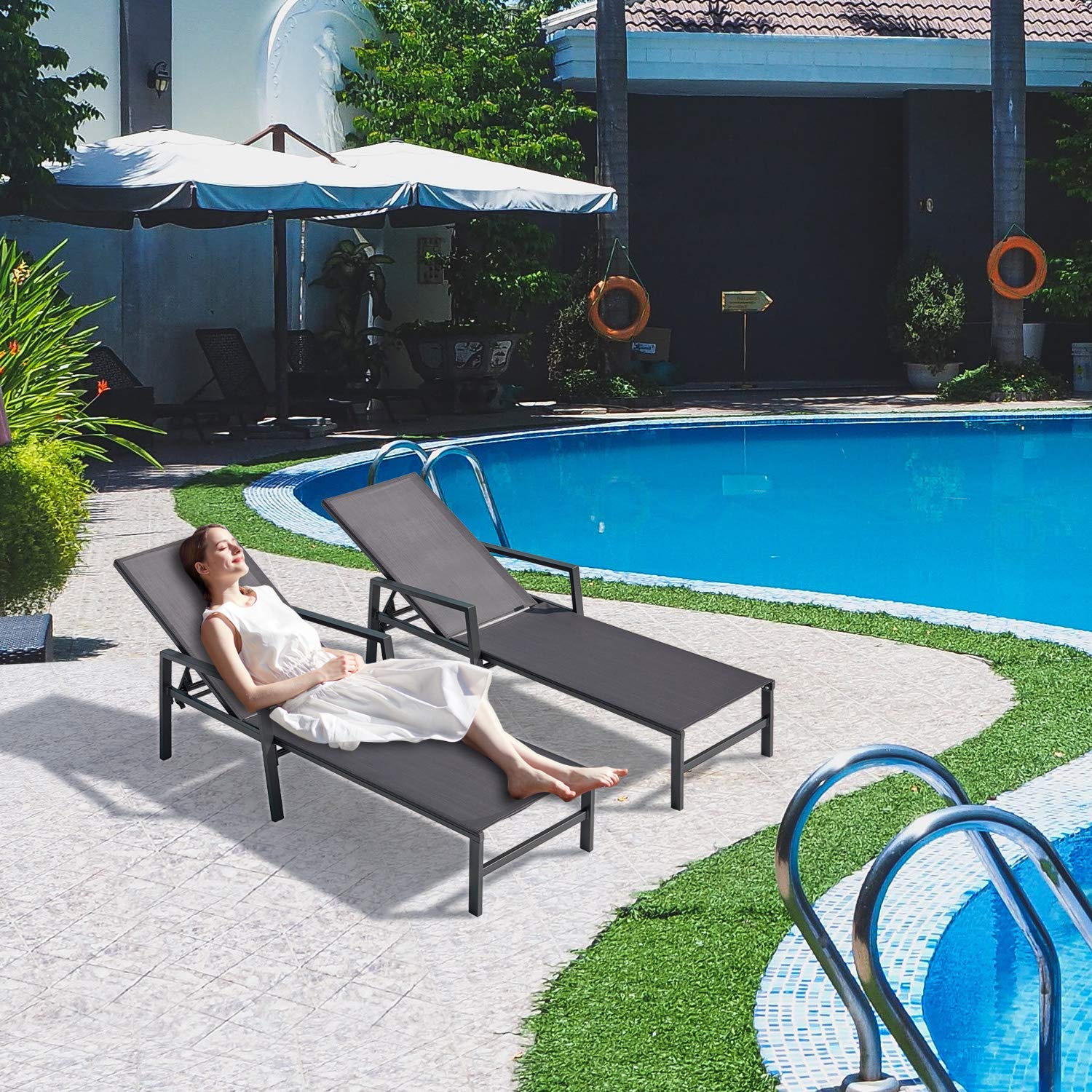 2-Piece Outdoor Patio Lounge Chair Set - Adjustable Aluminum Chaise Lounge with 5 Backrest Positions - Perfect for Backyard, Balcony & Poolside Relaxation (Grey) - Ideal for Sunbathing, Lounging by the Pool, or Outdoor Entertaining