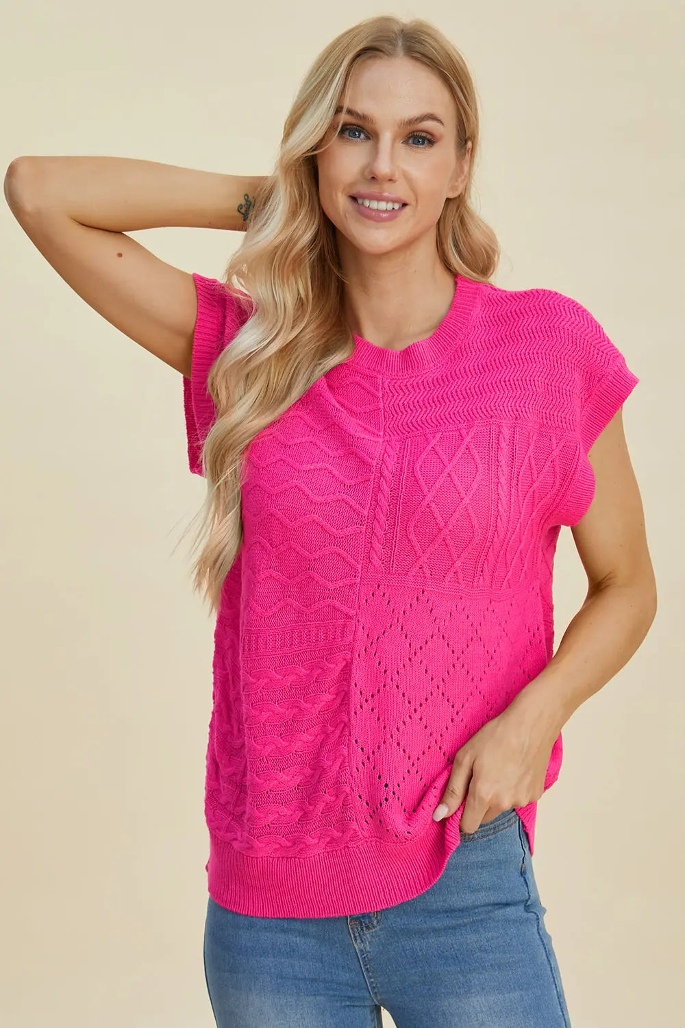 Double Take Full Size Cable Knit Round Neck Cap Sleeve Sweater for Women - Cozy Winter Pullover for Office, Date Night & Casual Outfits