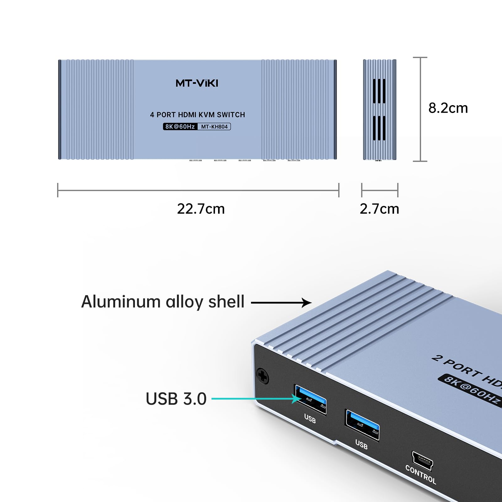 MT-VIKI 8K@60Hz HDMI 2.1 KVM Switch 4 Port - 4 in 1 Out USB 3.0 Switcher with HDCP 2.3, Dolby Audio, 3D HDR Support | Aluminum Case with Wired Controller & USB Cables | Perfect for Gaming, Home Theater & Multi-Computer Workstations
