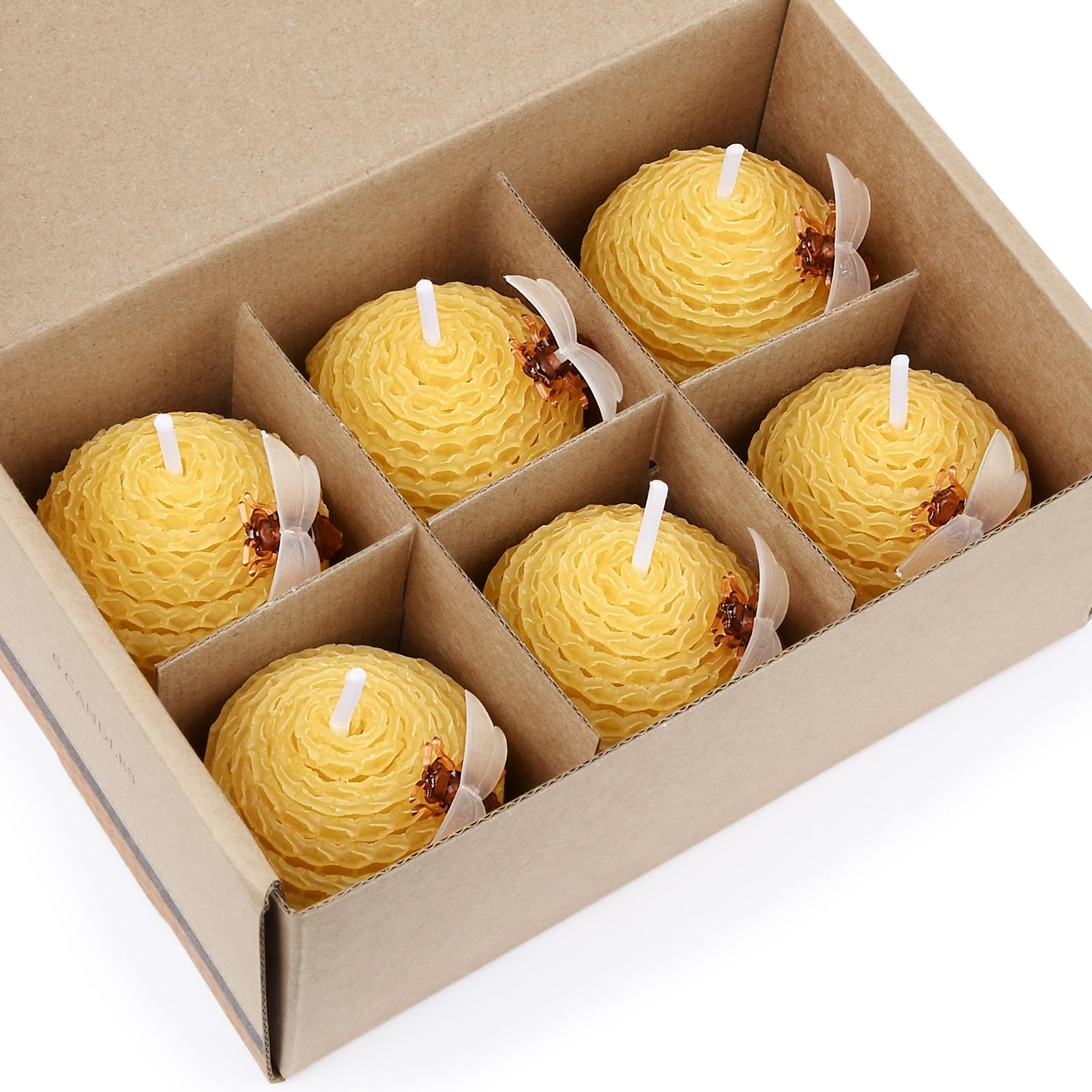 DEYBBY Natural Beeswax Candles - Set of 6 Small Bee Votive Candles with Honeycomb & Bee Decorations, Perfect for Home Decor, Wedding Favors & Relaxation (Yellow)