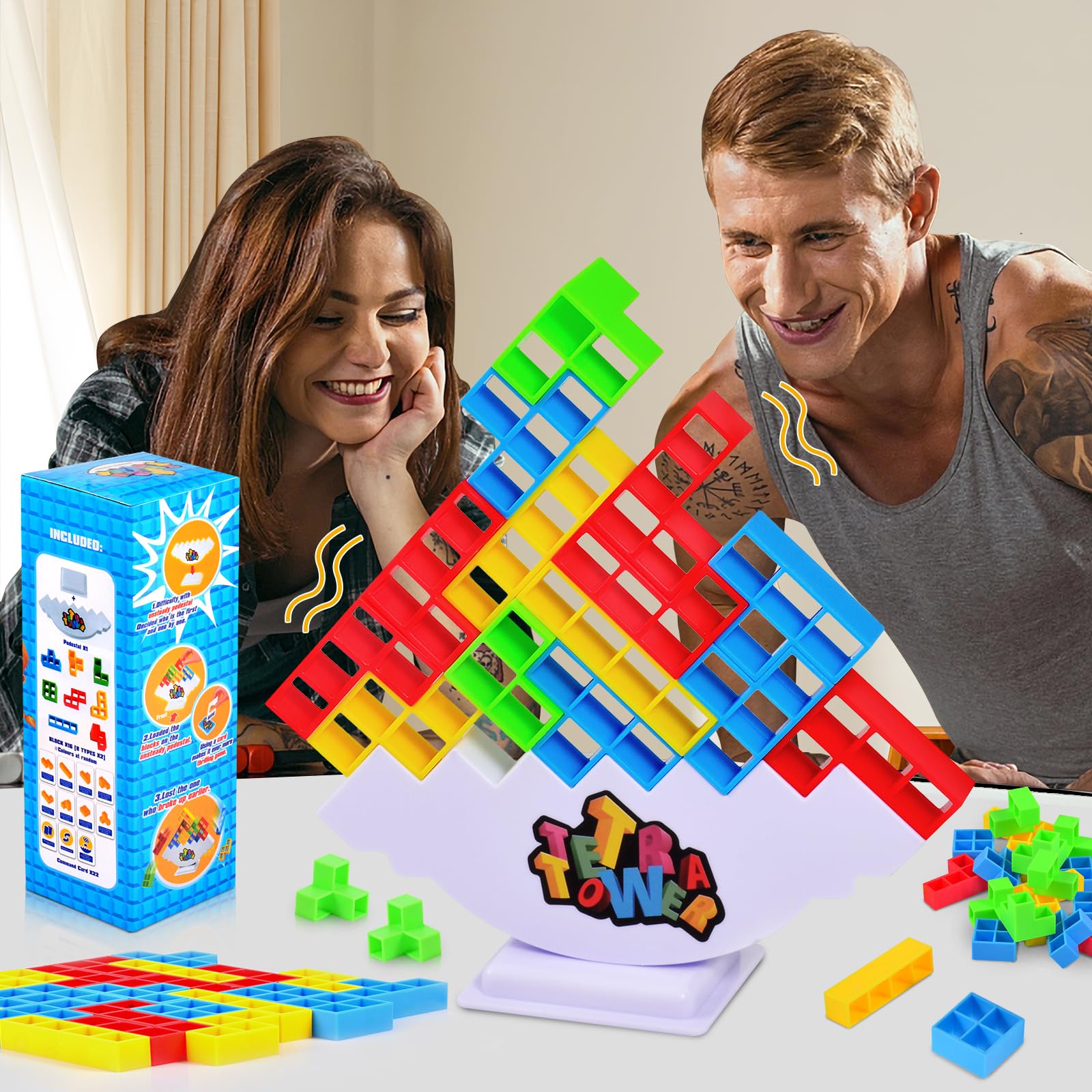 48Pcs Tetra Tower Stacking Game - 3D Balance Blocks for Kids & Adults, Fun Family Board Game for 2+ Players - Perfect for Game Nights, Parties, Classroom Activities, and Team Building Events