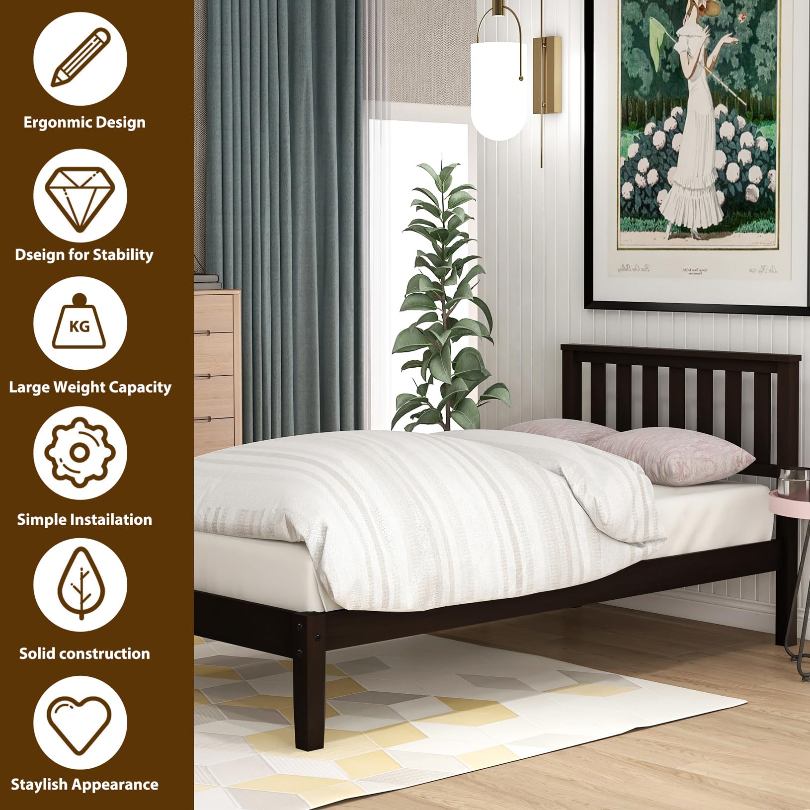 **Twin Size Solid Wood Platform Bed Frame with Headboard - Modern Simple Design, Sturdy Salt Support, Noise-Free for Bedroom - Ideal for Boys, Girls, Adults & Teens - Under Bed Storage - Espresso Finish - Perfect for Small Spaces, Guest Rooms & Kids' Bedrooms**