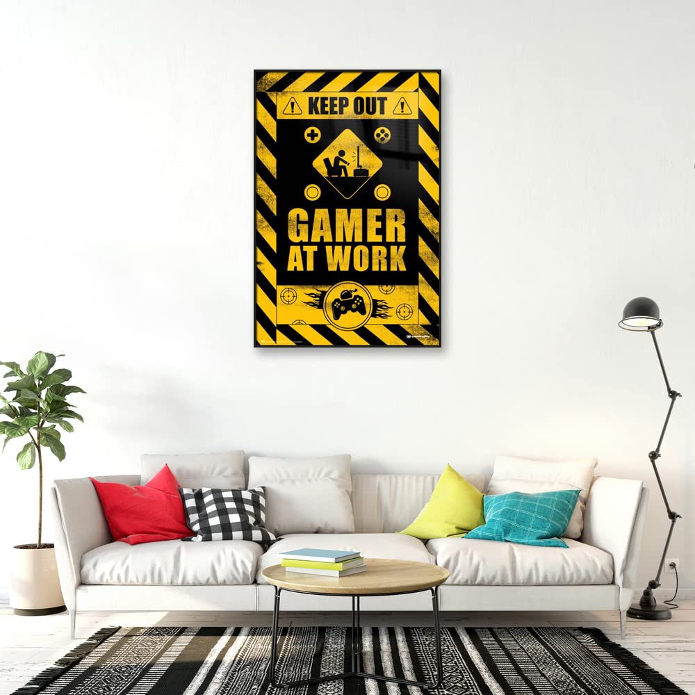 Keep Out: Gamer At Work - 24x36 Inch Framed Gaming Poster for Man Cave, Game Room & Office Decor