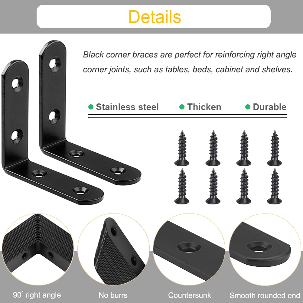 12Pcs Black Corner Brace L Brackets - 2.5 Inch Heavy Duty Stainless Steel Shelf Brackets for Wood, Shelves & Wall Mounting - 90 Degree Right Angle Joint Brackets with Screws - Perfect for DIY Furniture, Bookshelves & Home Organization Projects
