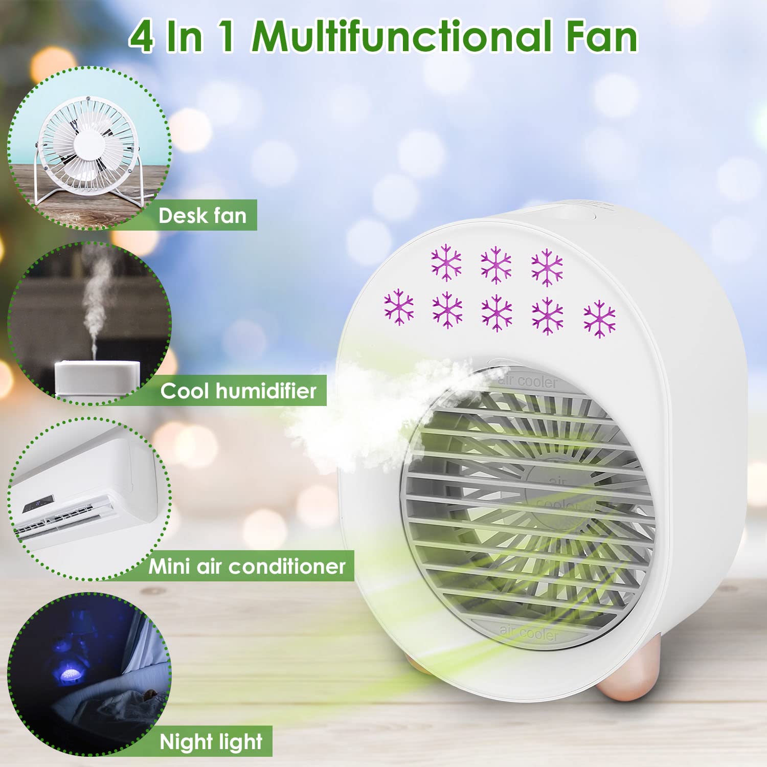 4-in-1 Portable Air Conditioner Fan with Water Mist Cooling - USB Rechargeable Evaporative Air Cooler with 3 Speed Settings | Perfect for Bedroom, Office, Car, RV & Camping | Stay Cool Anywhere